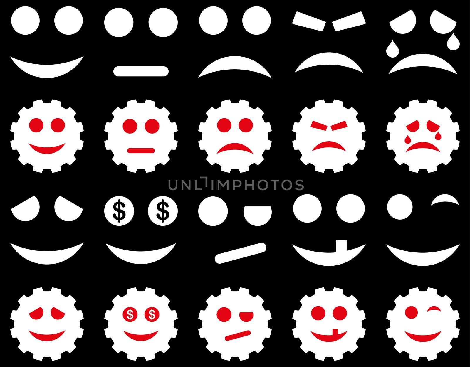 Tools, gears, smiles, emoticons icons. Glyph set style is bicolor flat images, red and white symbols, isolated on a black background.