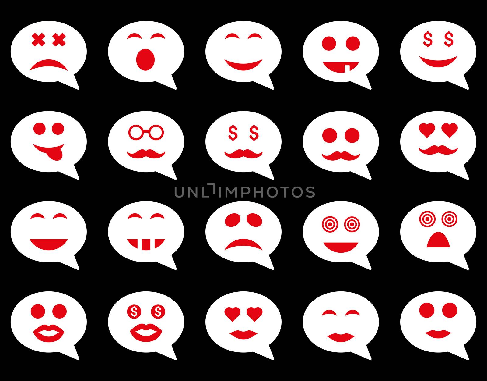 Chat emotion smile icons. Glyph set style is bicolor flat images, red and white symbols, isolated on a black background.