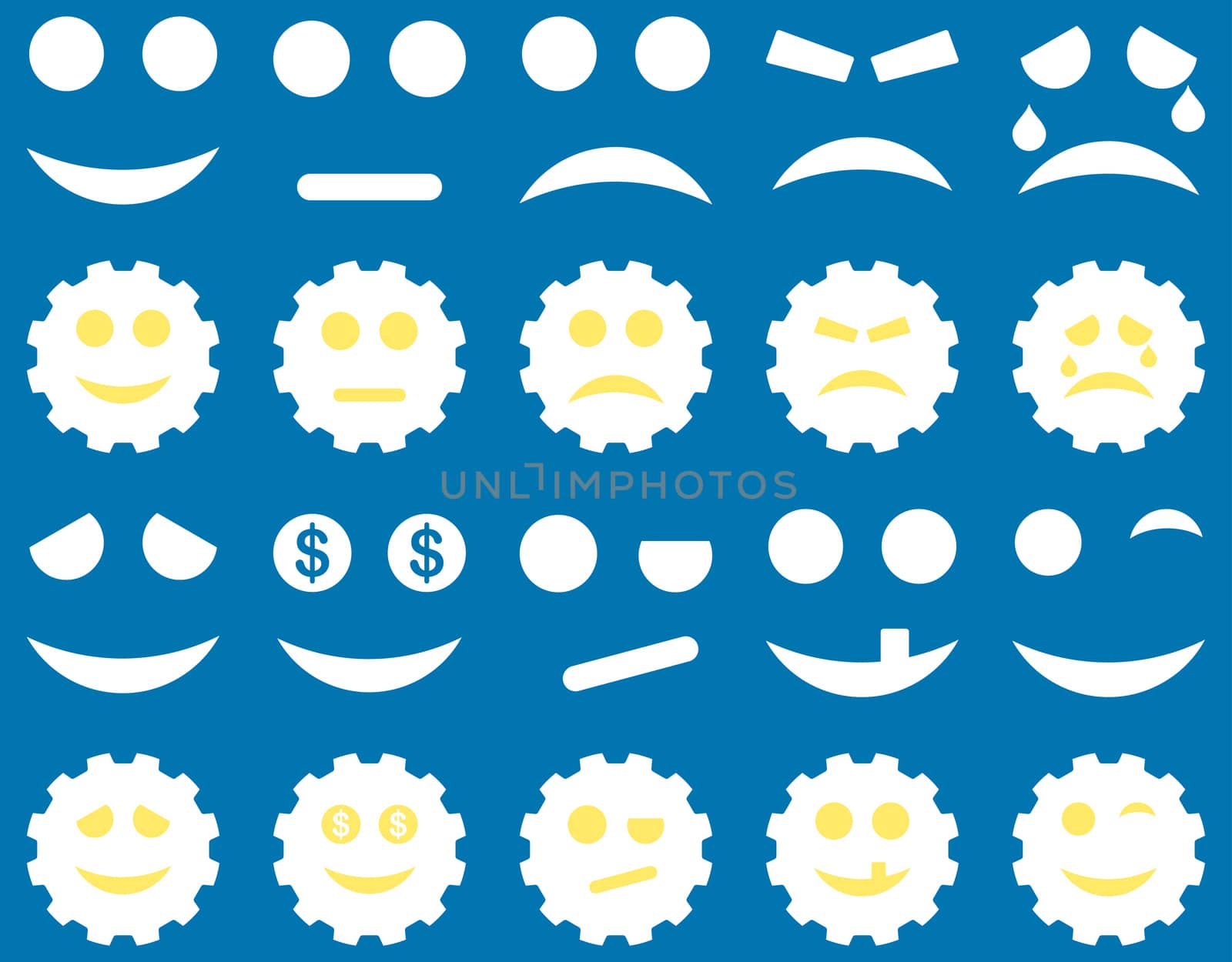 Tools, gears, smiles, emoticons icons. Glyph set style is bicolor flat images, yellow and white symbols, isolated on a blue background.