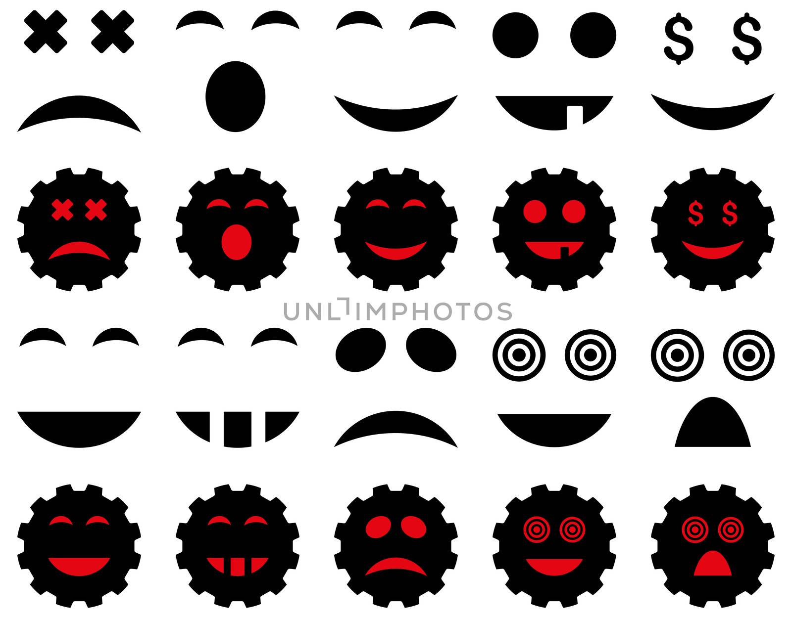 Tool, gear, smile, emotion icons. Glyph set style is bicolor flat images, intensive red and black symbols, isolated on a white background.