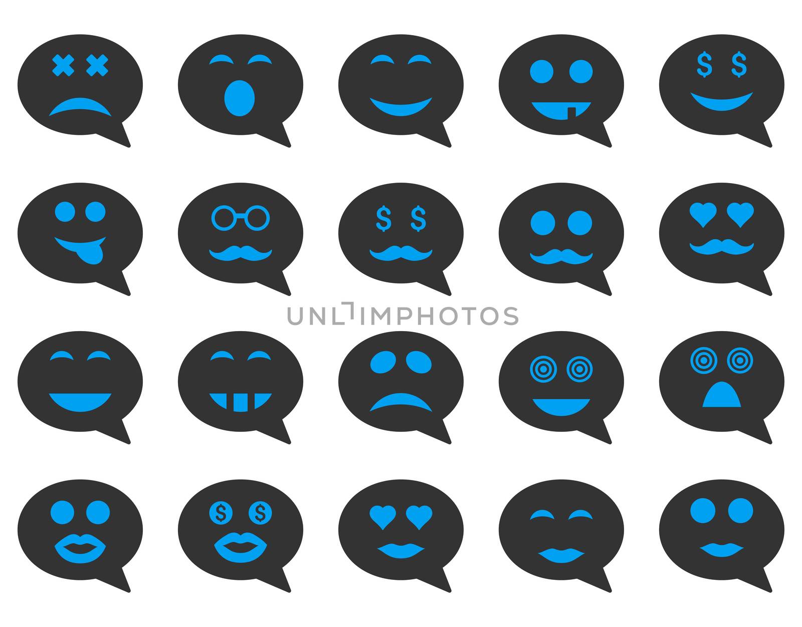 Chat emotion smile icons. Glyph set style is bicolor flat images, blue and gray symbols, isolated on a white background.