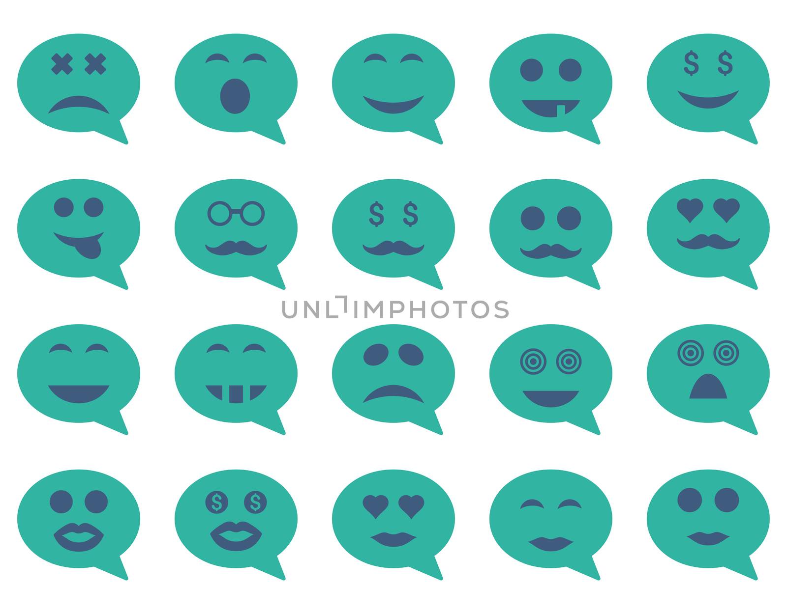Chat emotion smile icons. Glyph set style is bicolor flat images, cobalt and cyan symbols, isolated on a white background.