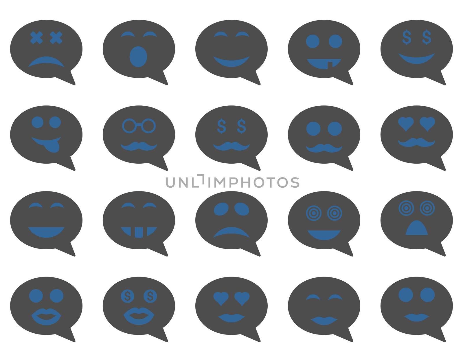 Chat emotion smile icons. Glyph set style is bicolor flat images, cobalt and gray symbols, isolated on a white background.