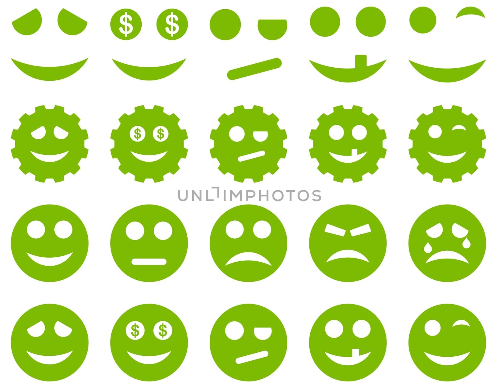 Tools, gears, smiles, emoticons icons. Glyph set style is flat images, eco green symbols, isolated on a white background.