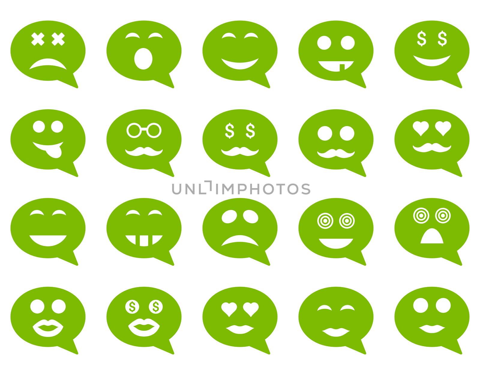 Chat emotion smile icons. Glyph set style is flat images, eco green symbols, isolated on a white background.