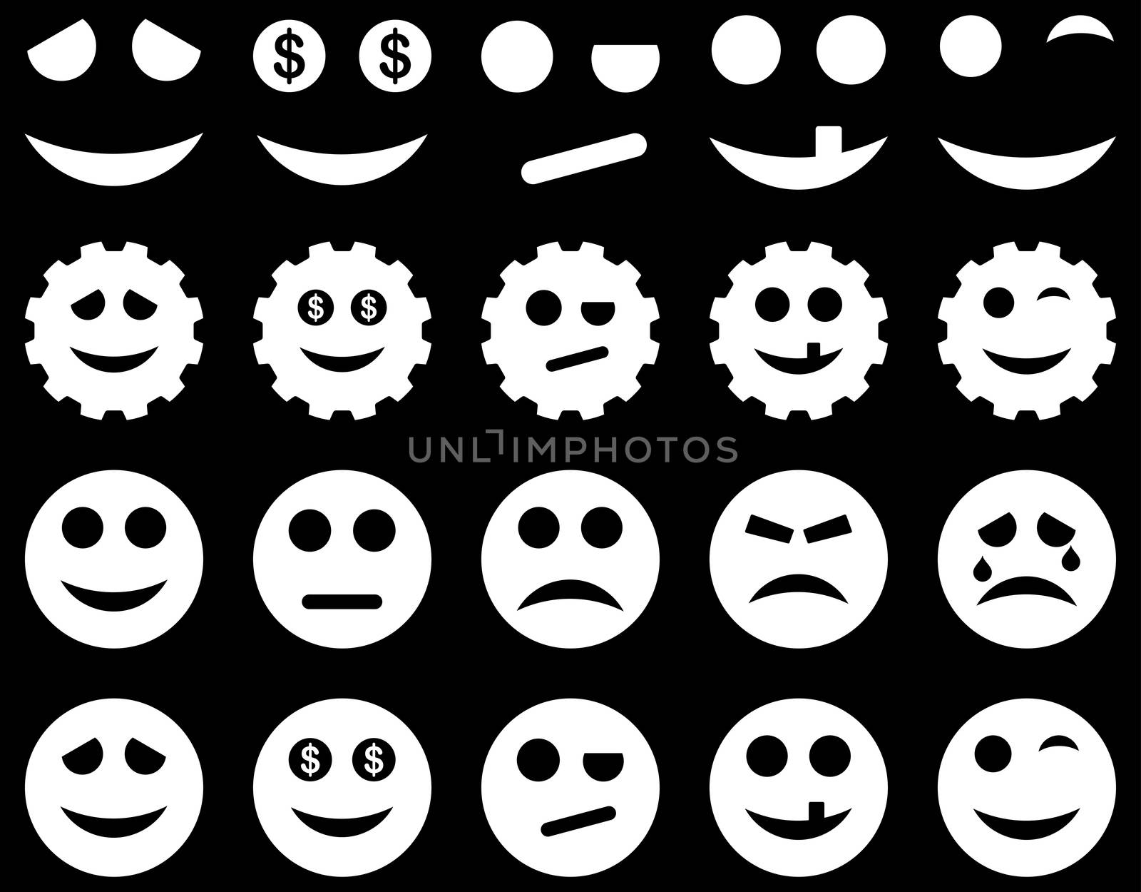 Tools, gears, smiles, emoticons icons. Glyph set style is flat images, white symbols, isolated on a black background.
