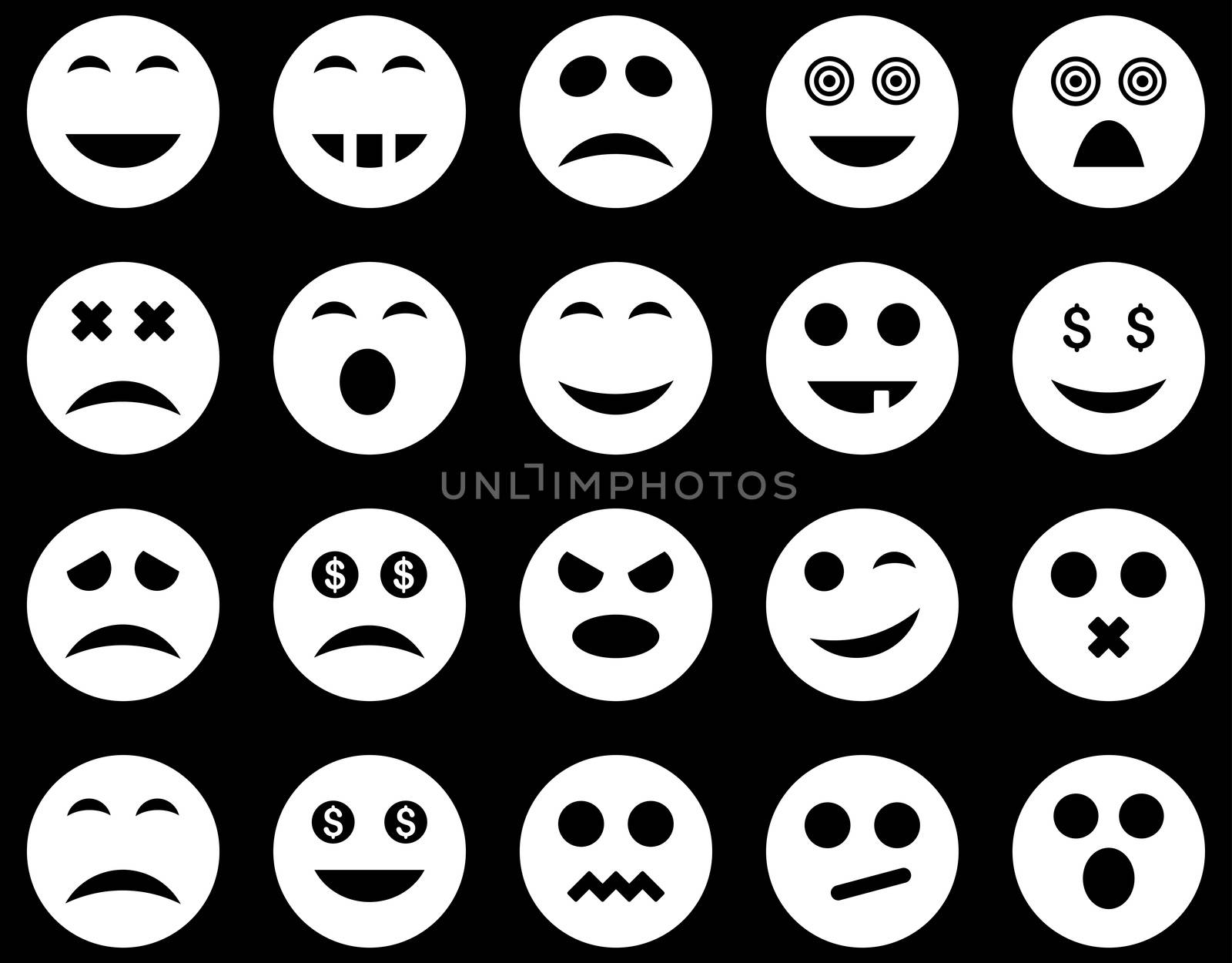 Smile and emotion icons. Glyph set style is flat images, white symbols, isolated on a black background.