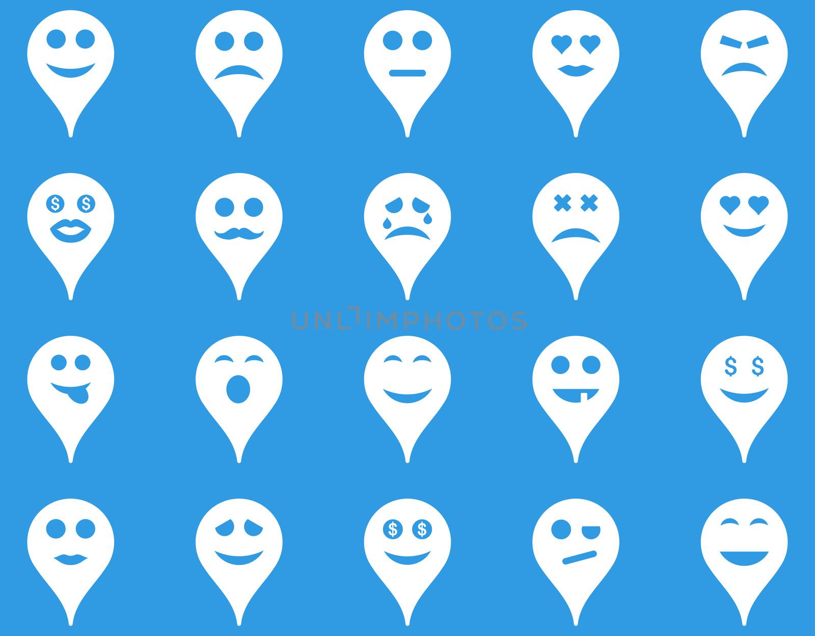 Emotion map marker icons. Glyph set style is flat images, white symbols, isolated on a blue background.