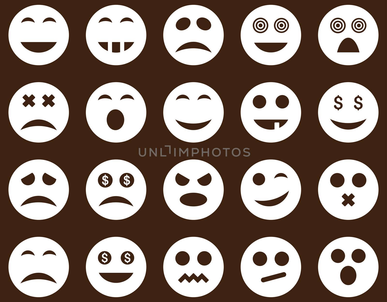Smile and emotion icons. Glyph set style is flat images, white symbols, isolated on a brown background.