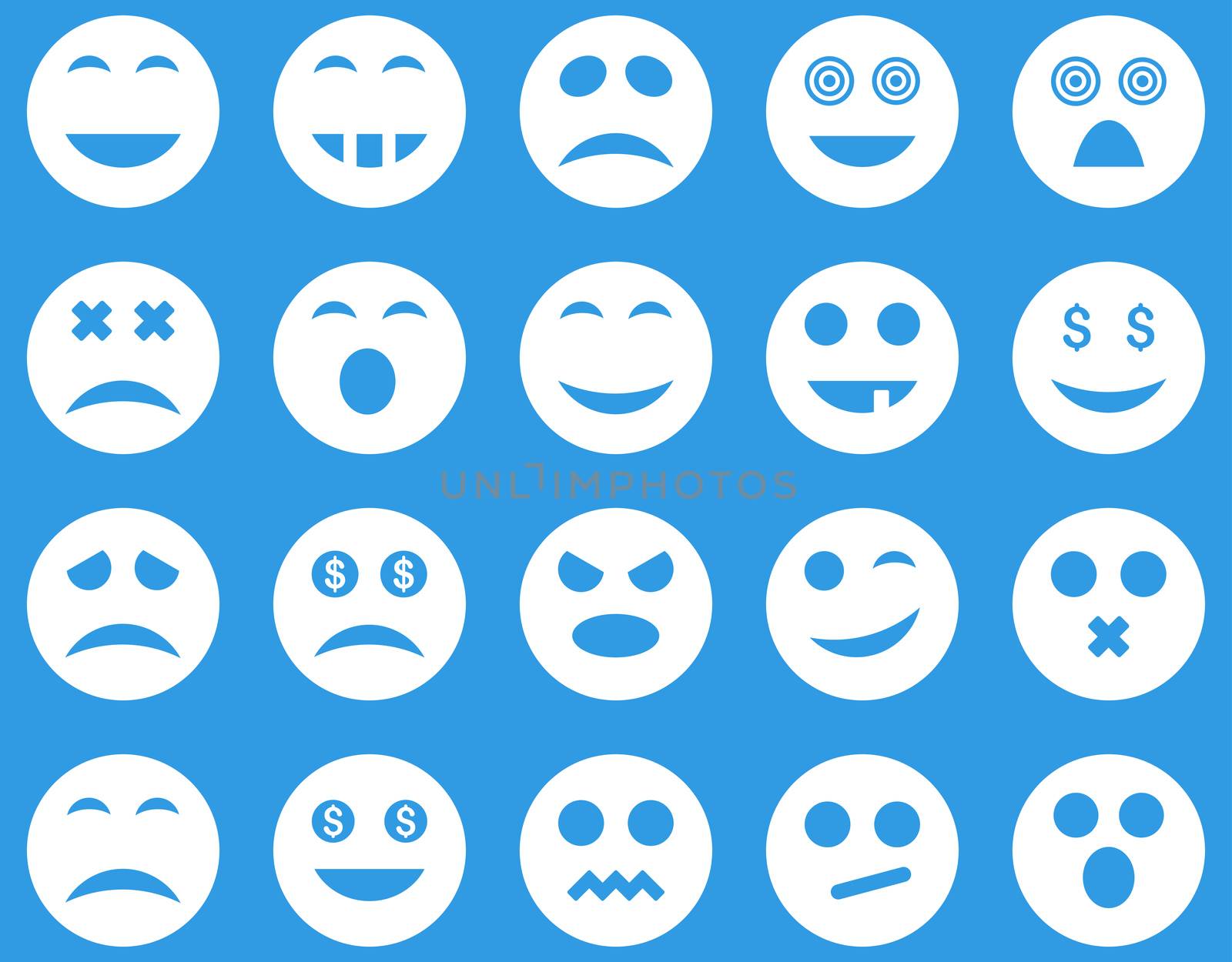 Smile and emotion icons. Glyph set style is flat images, white symbols, isolated on a blue background.
