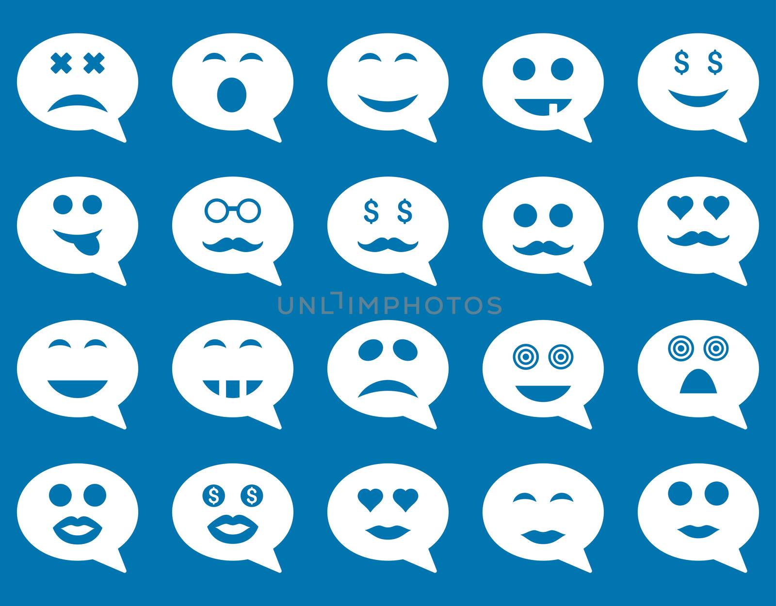 Chat emotion smile icons. Glyph set style is flat images, white symbols, isolated on a blue background.