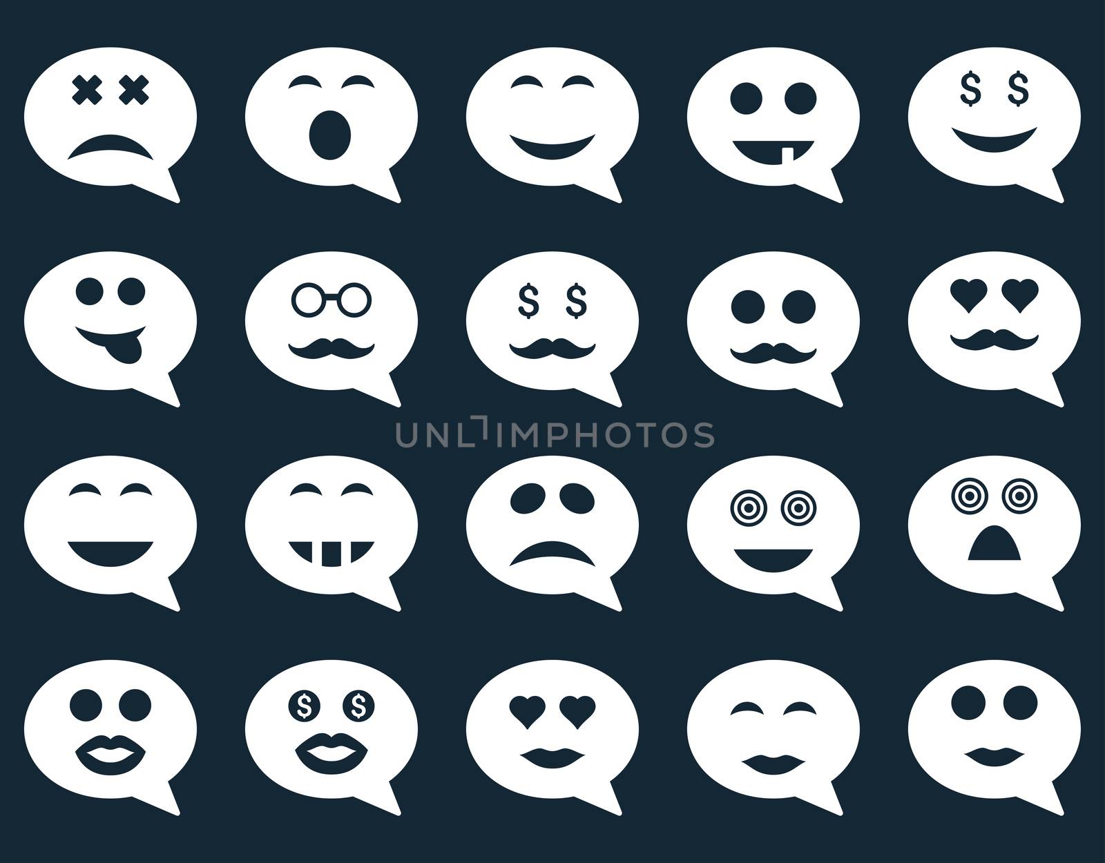 Chat emotion smile icons. Glyph set style is flat images, white symbols, isolated on a dark blue background.