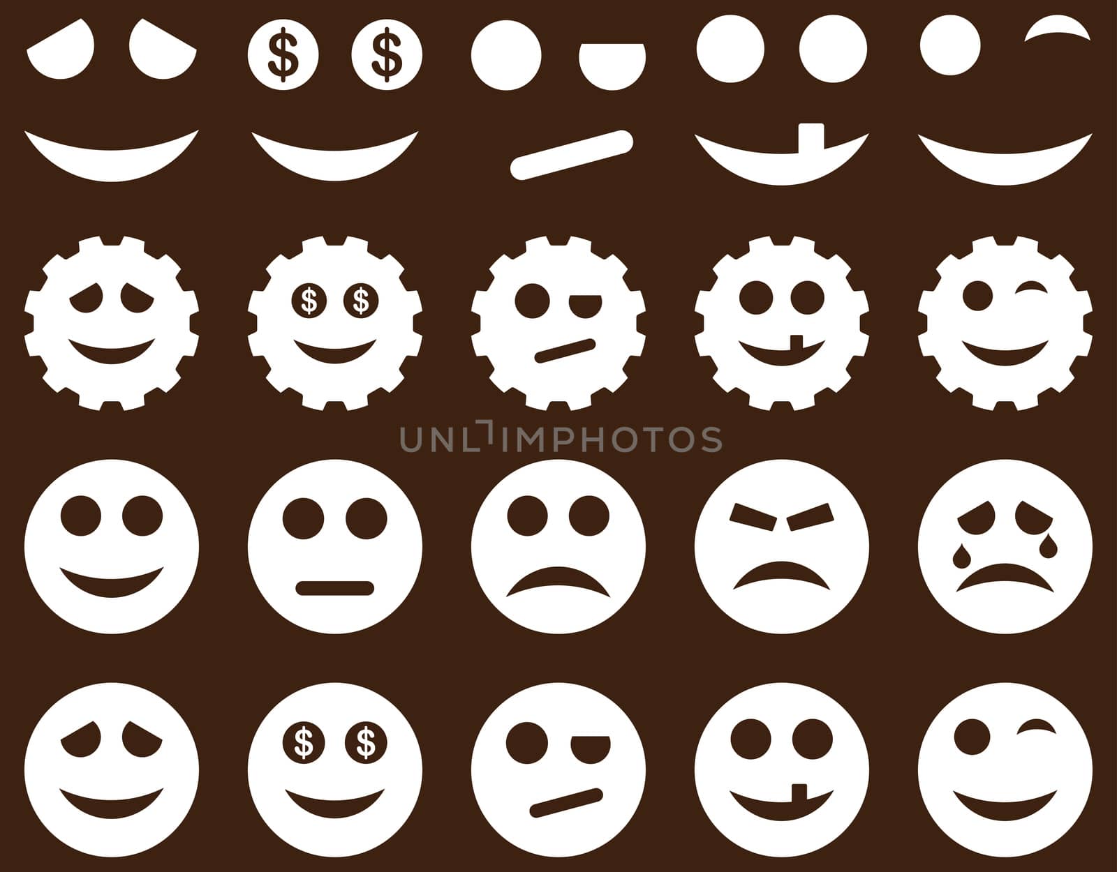 Tools, gears, smiles, emoticons icons. Glyph set style is flat images, white symbols, isolated on a brown background.
