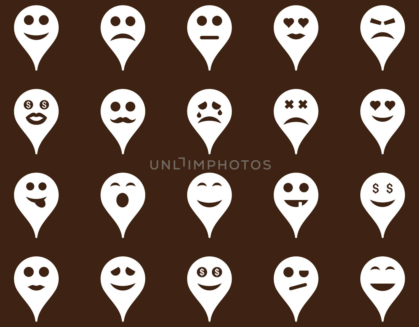 Emotion map marker icons. Glyph set style is flat images, white symbols, isolated on a brown background.