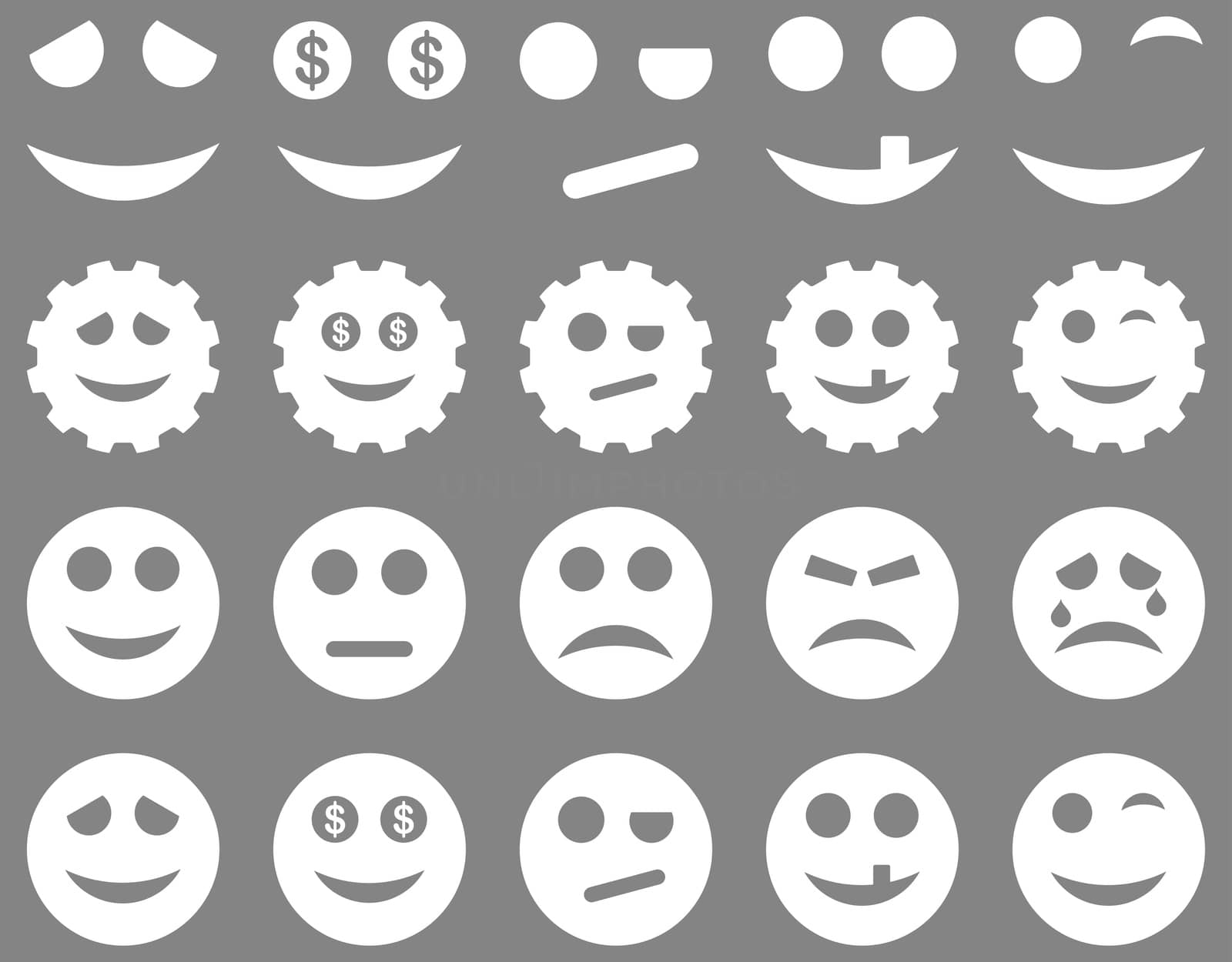 Tools, gears, smiles, emoticons icons. Glyph set style is flat images, white symbols, isolated on a gray background.