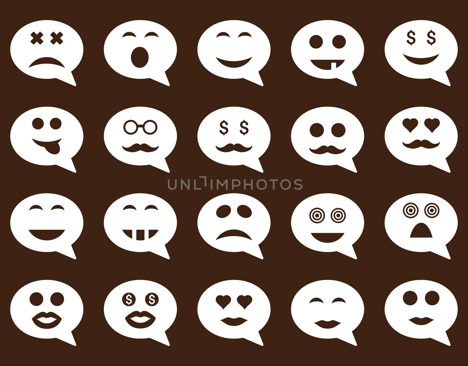 Chat emotion smile icons. Glyph set style is flat images, white symbols, isolated on a brown background.
