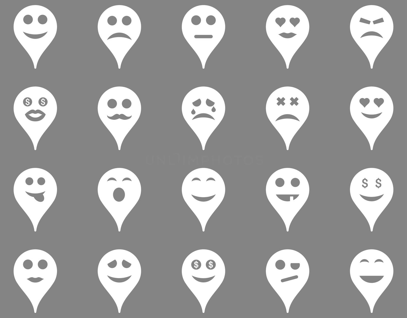 Emotion map marker icons. Glyph set style is flat images, white symbols, isolated on a gray background.