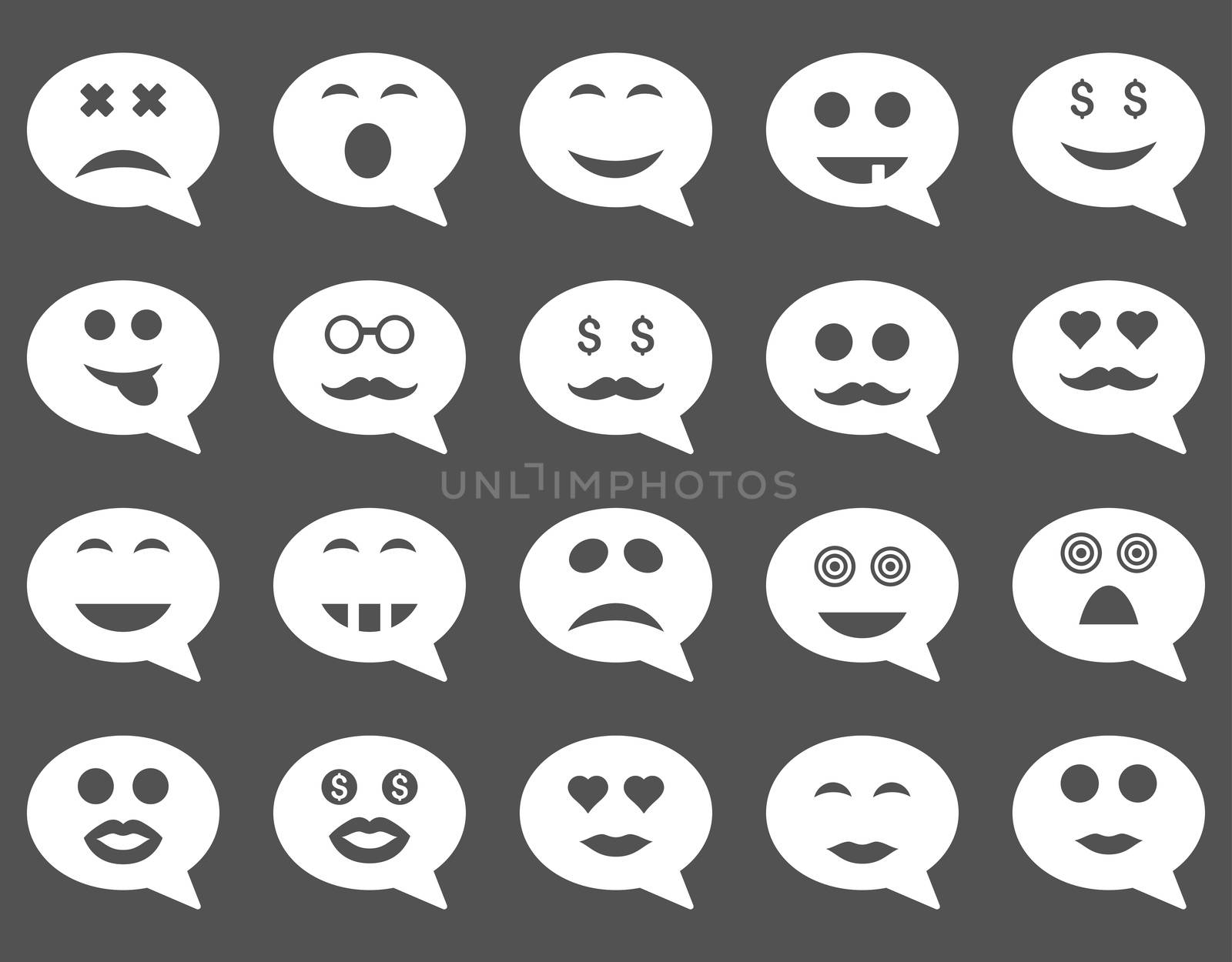 Chat emotion smile icons. Glyph set style is flat images, white symbols, isolated on a gray background.