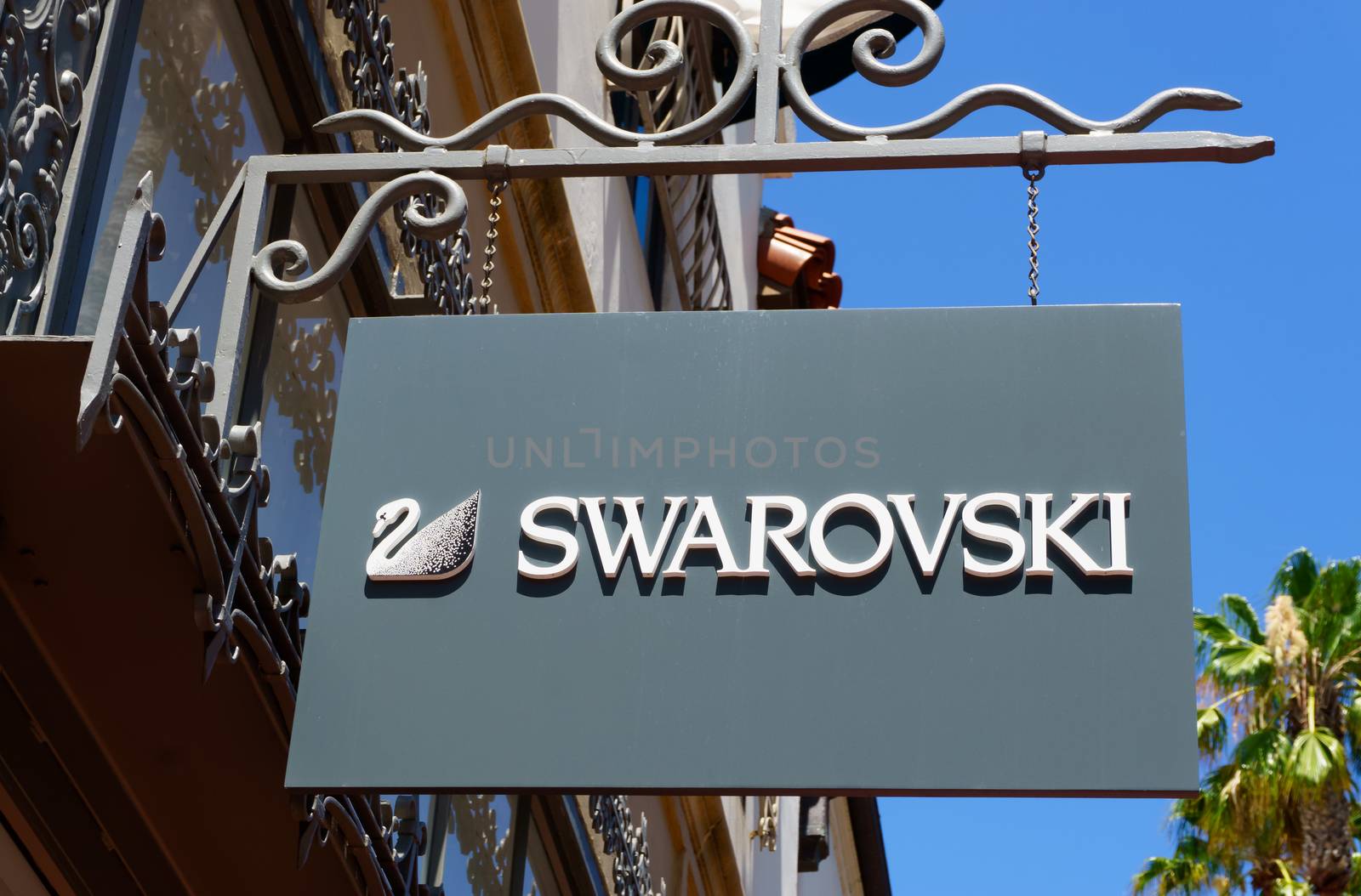 SANTA BARBARA, CA/USA - JULY 26, 2015: Swarovski store and sign. The Swarovski Crystal range includes crystal glass sculptures and luxury home decor.