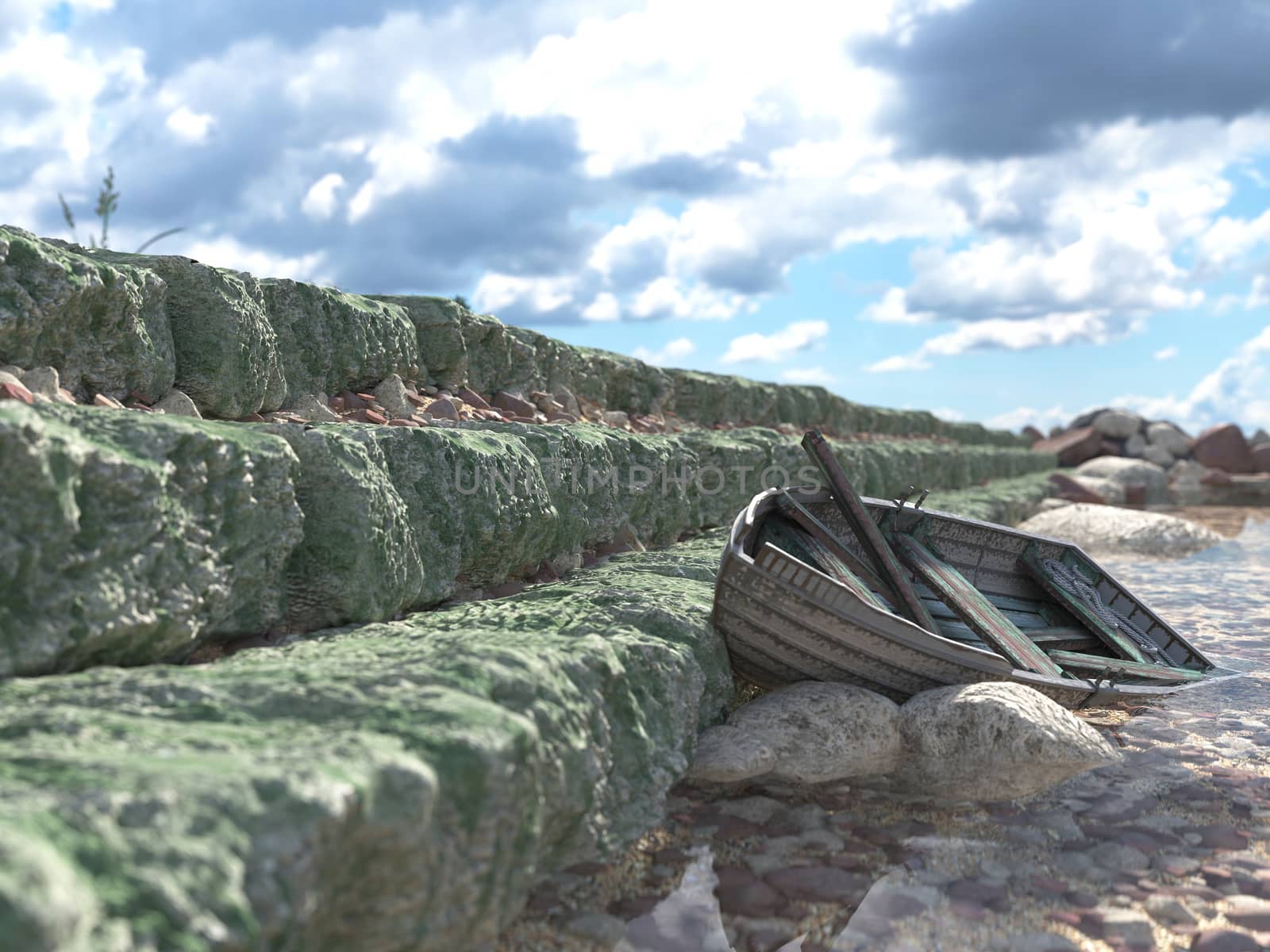 Breakwater with gates and old fishing boat concept background