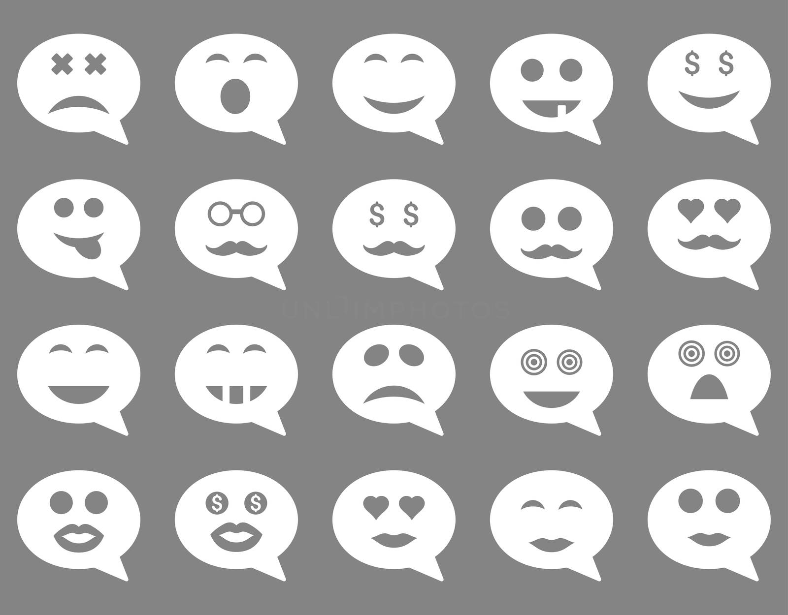 Chat emotion smile icons. Glyph set style is flat images, white symbols, isolated on a gray background.