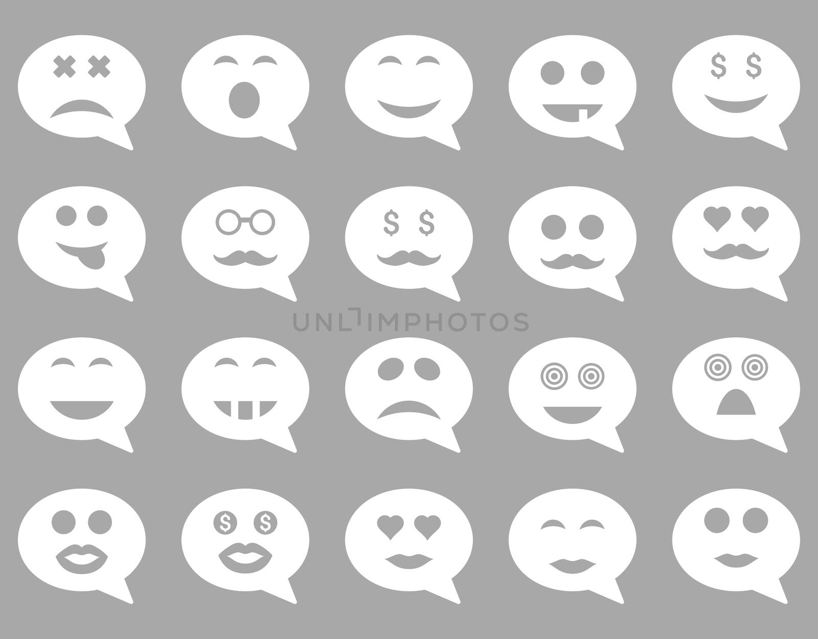 Chat emotion smile icons. Glyph set style is flat images, white symbols, isolated on a silver background.