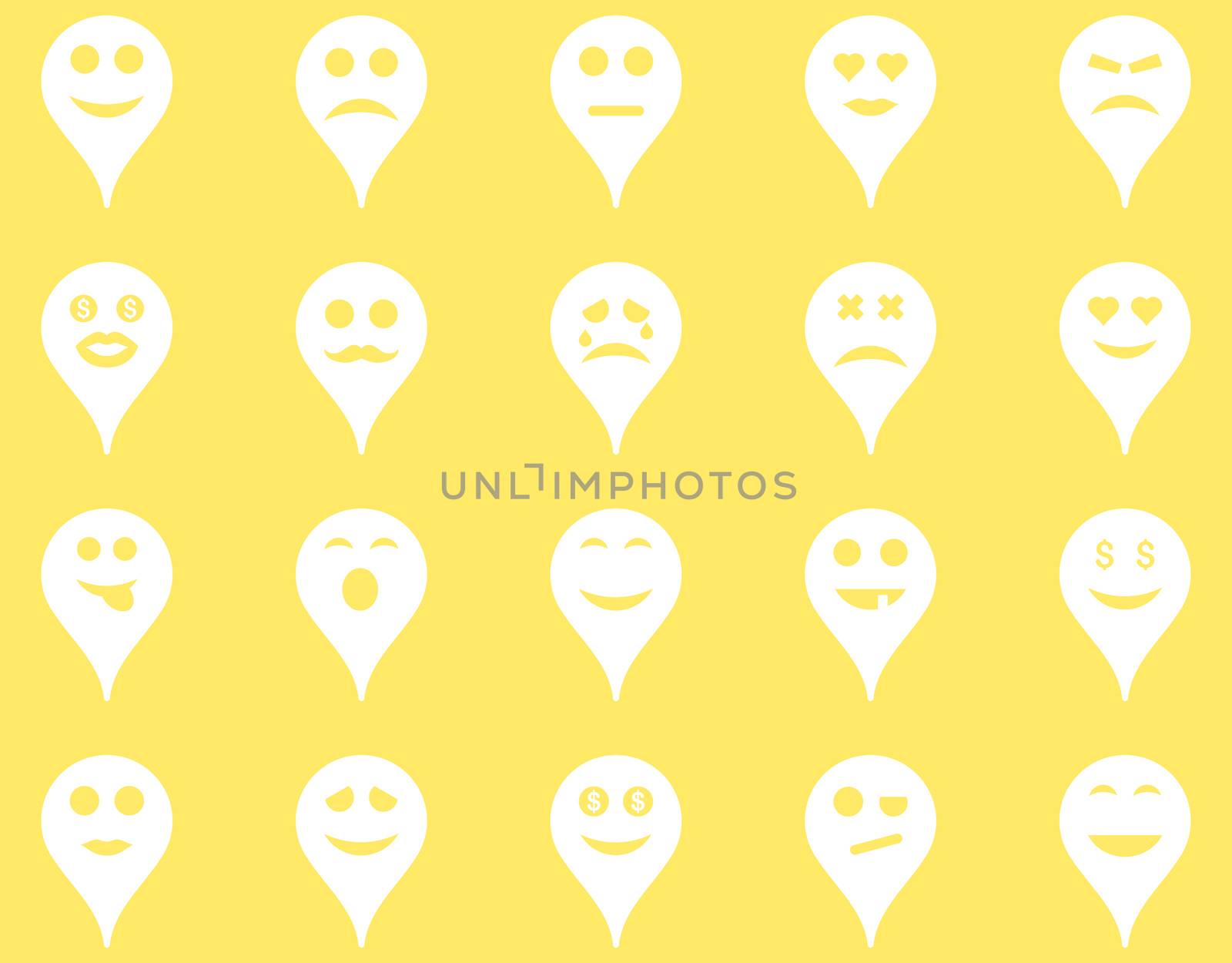 Emotion map marker icons. Glyph set style is flat images, white symbols, isolated on a yellow background.