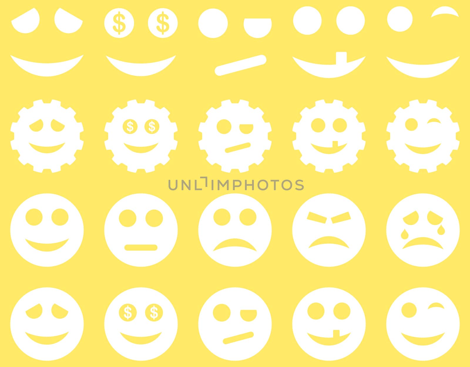 Tools, gears, smiles, emoticons icons. Glyph set style is flat images, white symbols, isolated on a yellow background.