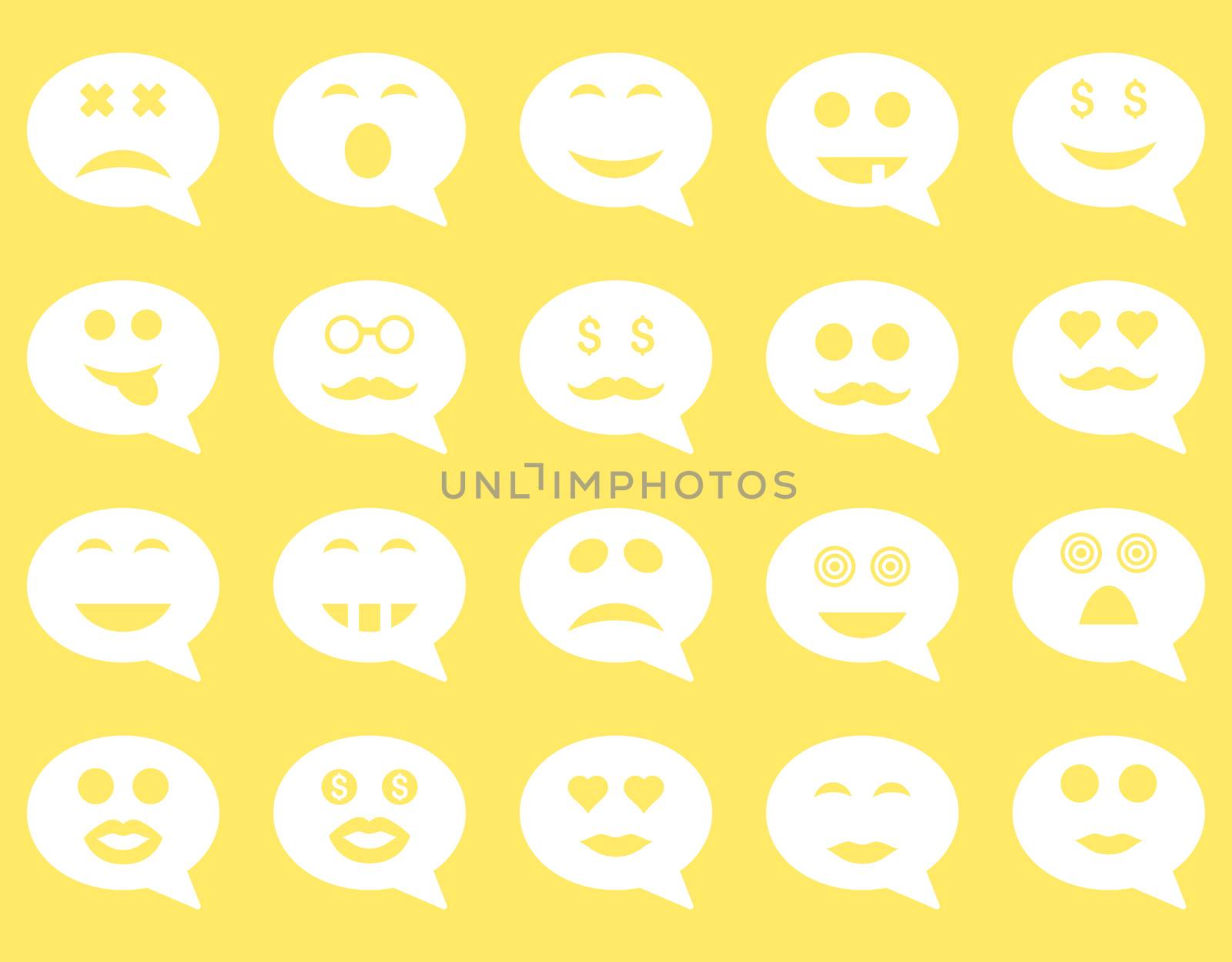 Chat emotion smile icons. Glyph set style is flat images, white symbols, isolated on a yellow background.