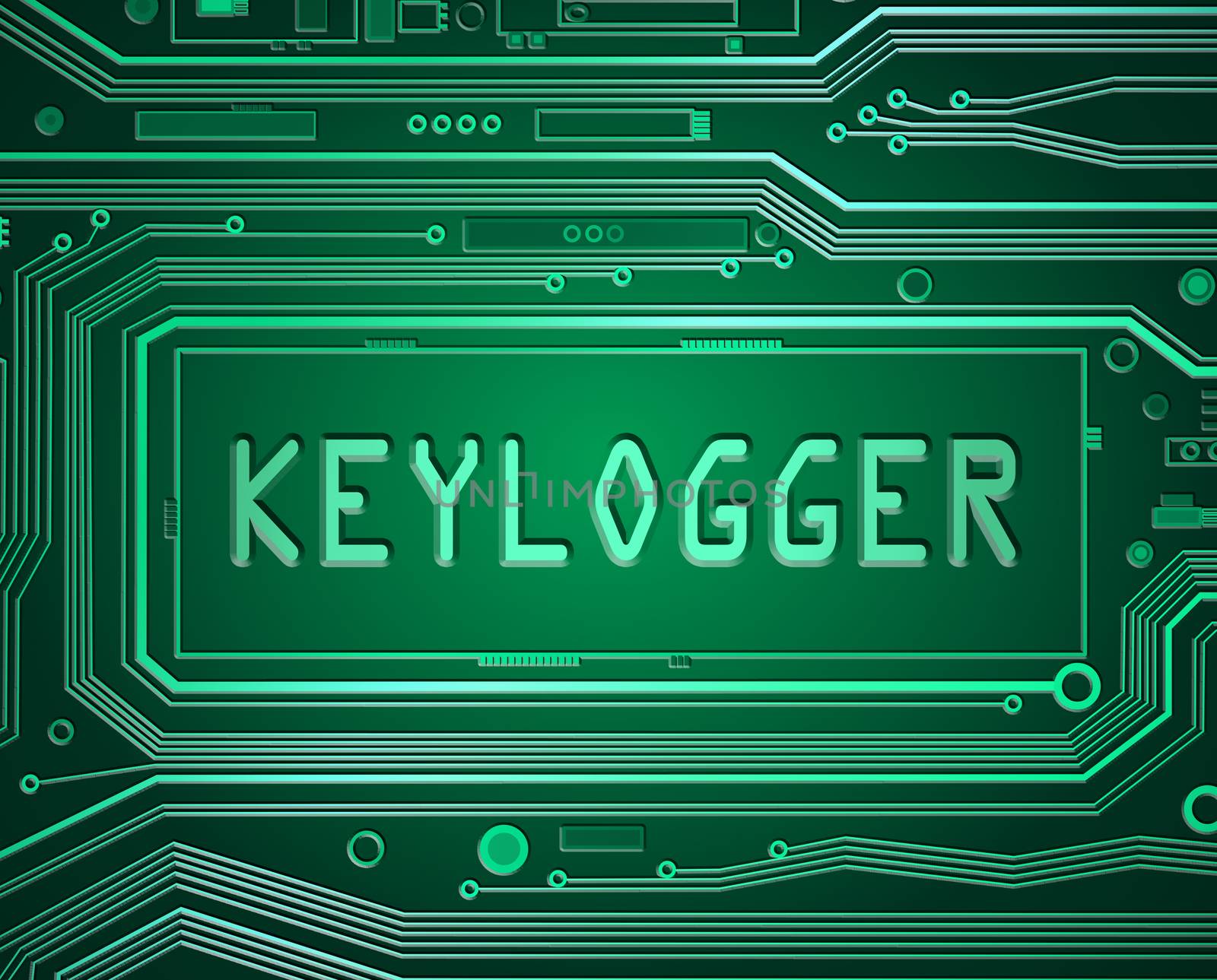 Abstract style illustration depicting printed circuit board components with a keylogger concept.