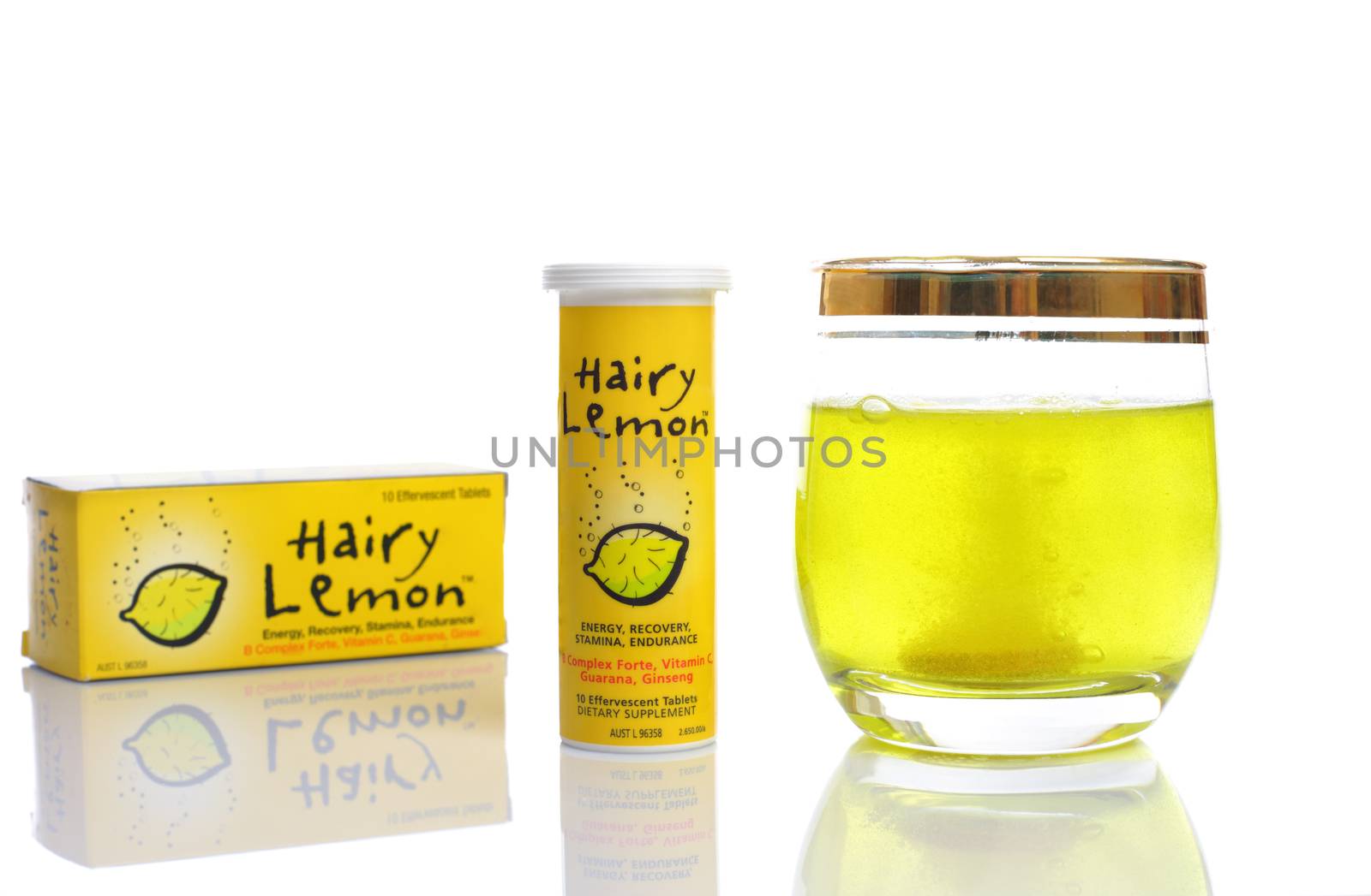 SYDNEY, AUSTRALIA - JULY 20, 2015;   Hairy Lemon effervescent tablets dietary supplement with B Complex, Vitamin C, Guarana and Ginseng for energy, stamina, endurance.