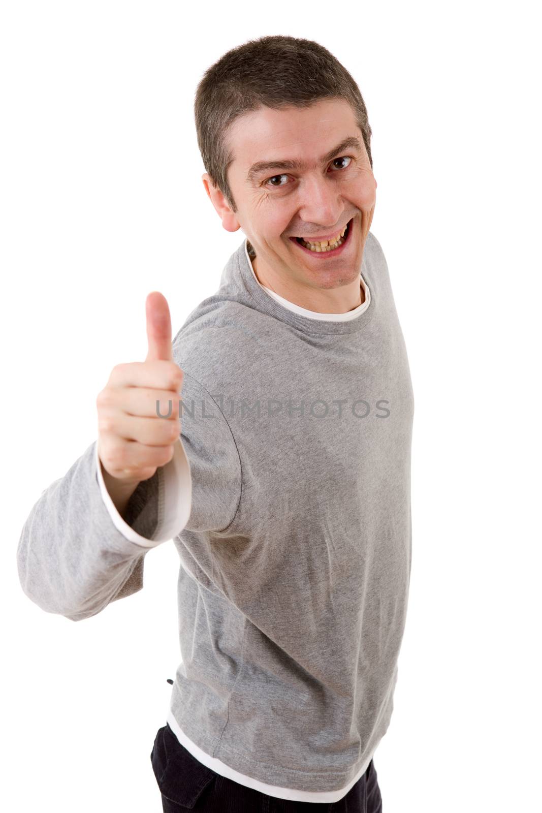 young casual man going thumbs up, isolated on white background