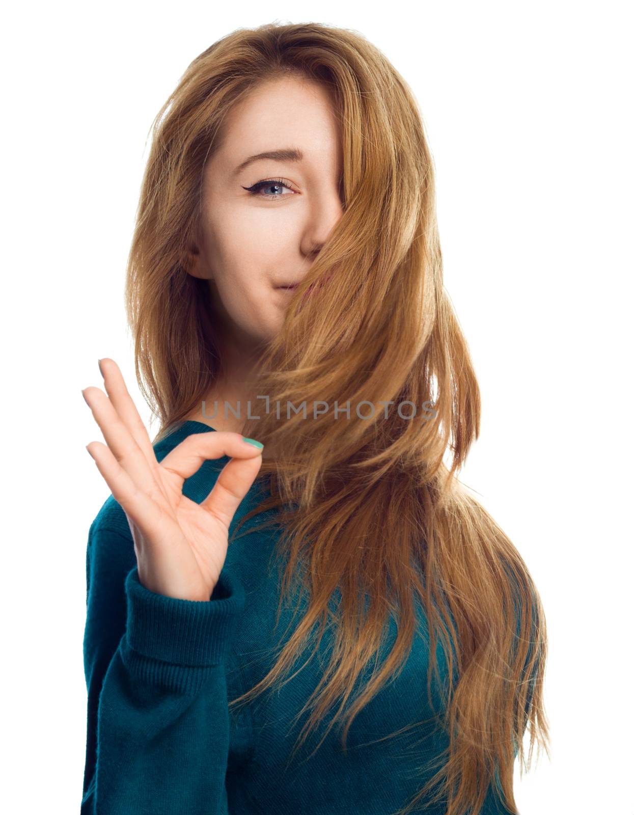 Young woman is showing OK sign, isolated over white
 by id7100