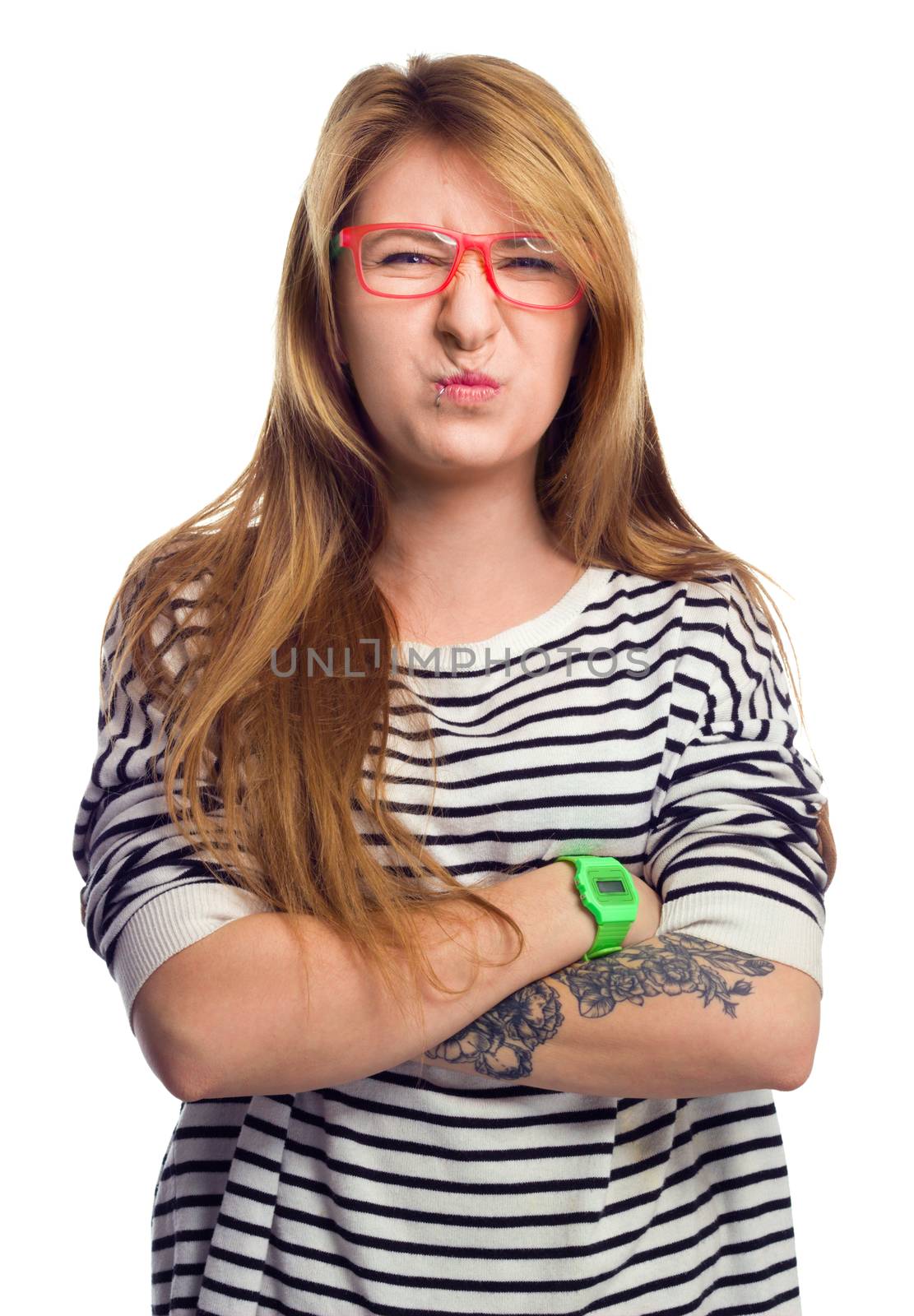 Angry strict woman wears glasses, grimace portrait on white background
