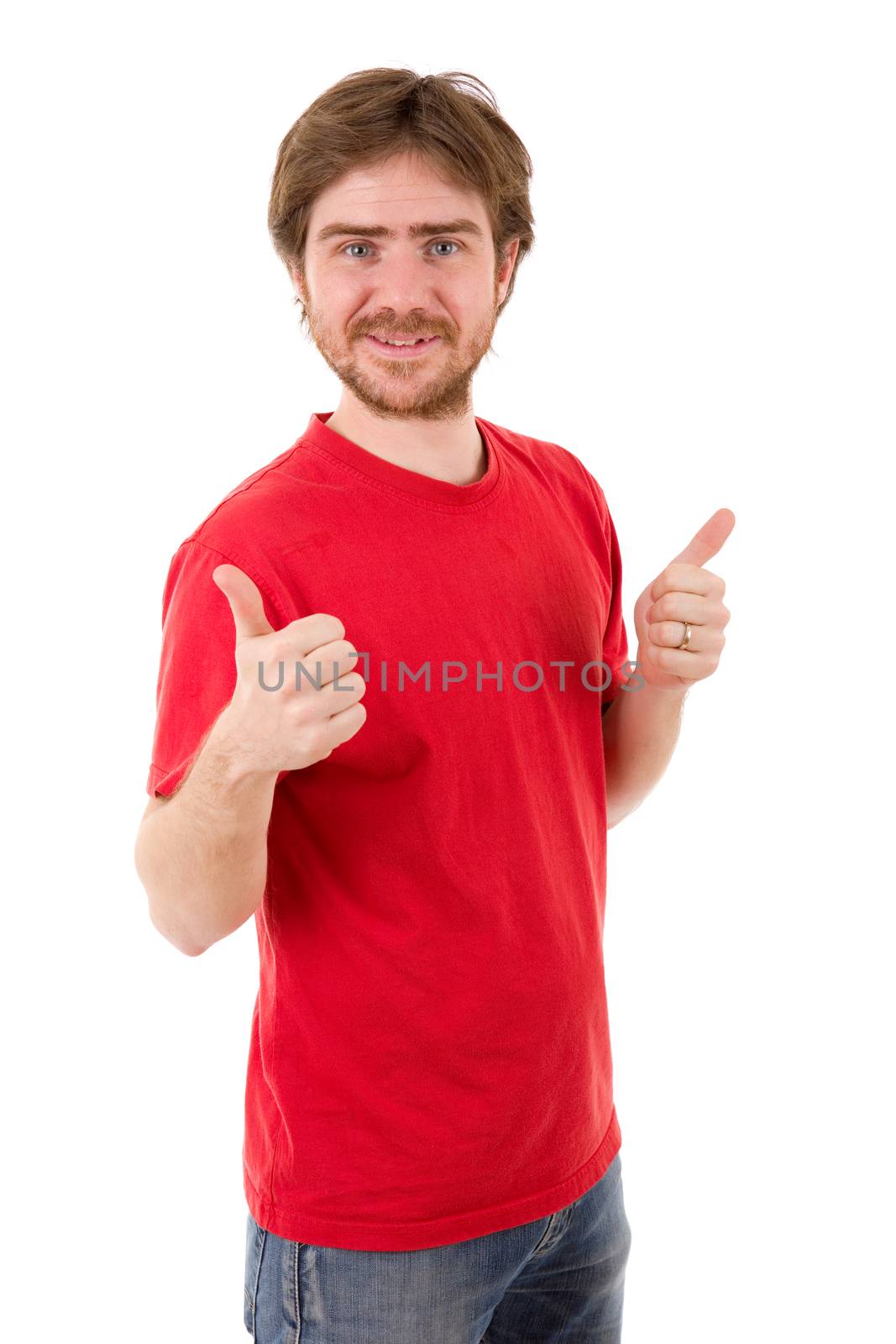 young casual man going thumbs up, isolated on white background