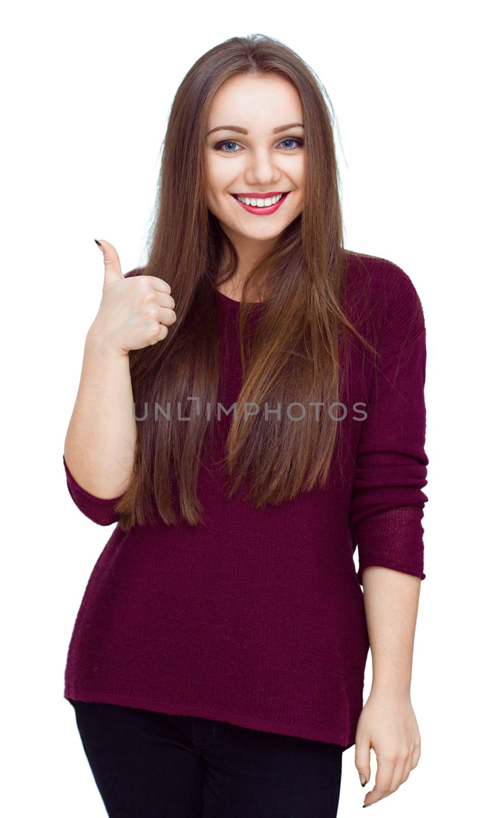 Young woman dressed in red showing thumb up gesture, isolated over white
 by id7100