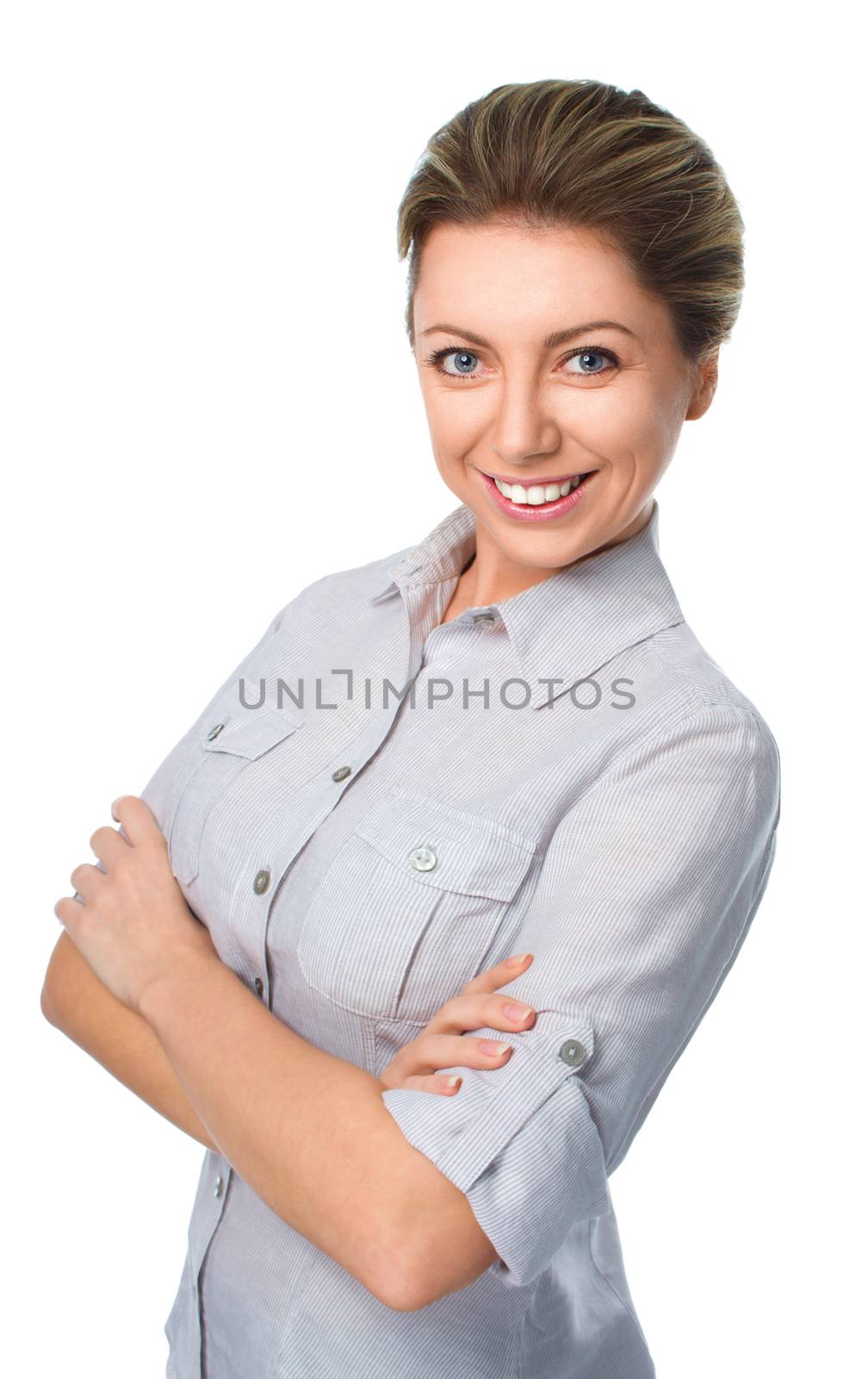 Business woman portrait, crossed arms, isolated on white
