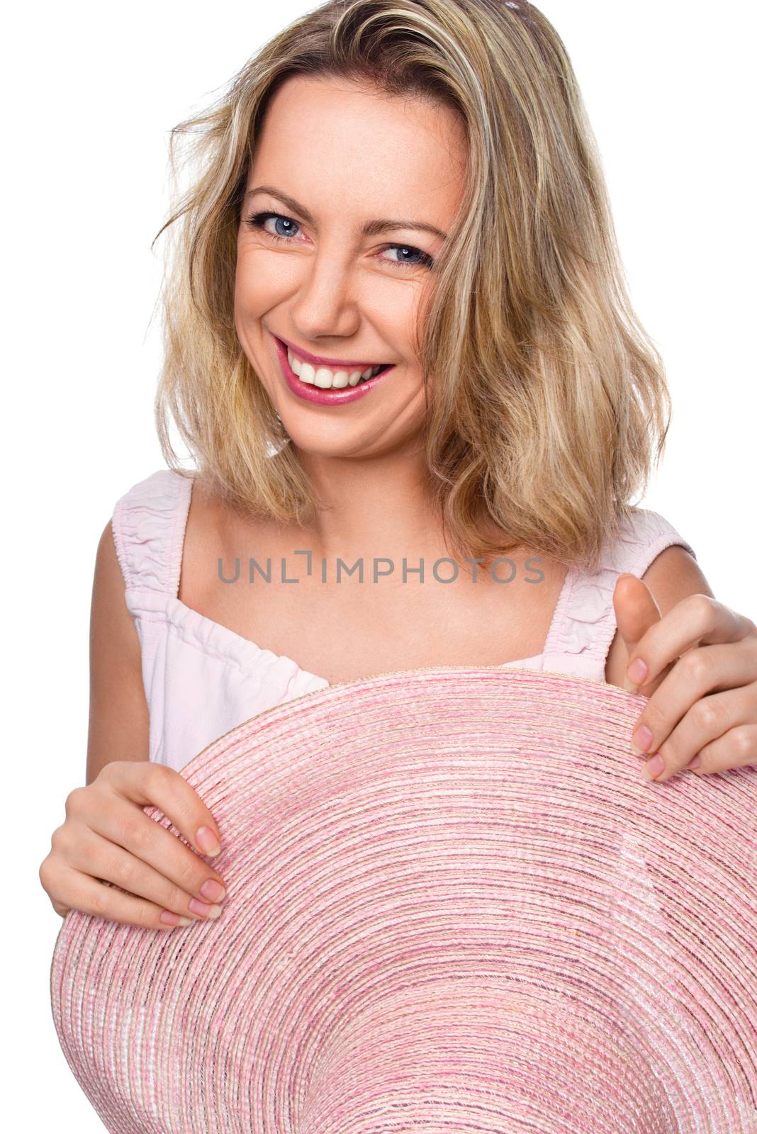 Portrait of the girl in beach hat, isolated on white
 by id7100