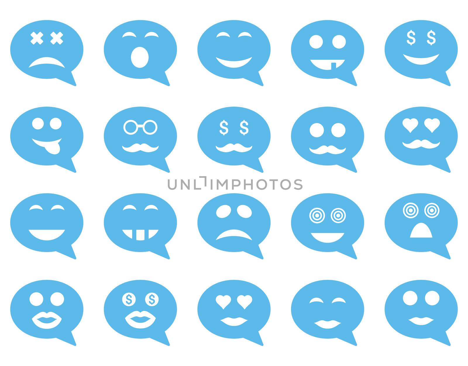 Chat emotion smile icons. Glyph set style is flat images, blue symbols, isolated on a white background.