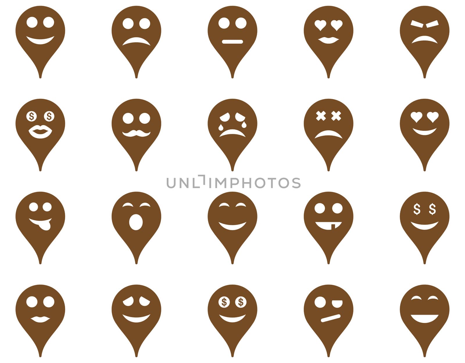 Emotion map marker icons. Glyph set style is flat images, brown symbols, isolated on a white background.