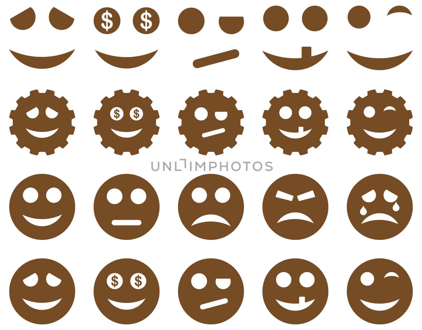 Tools, gears, smiles, emoticons icons. Glyph set style is flat images, brown symbols, isolated on a white background.