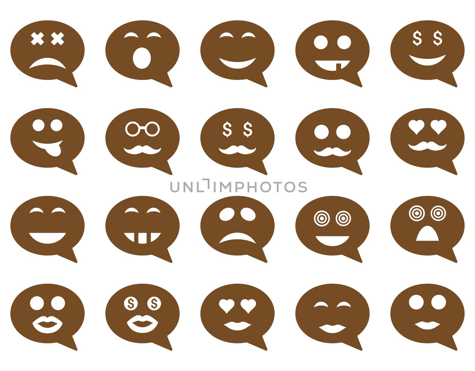 Chat emotion smile icons. Glyph set style is flat images, brown symbols, isolated on a white background.