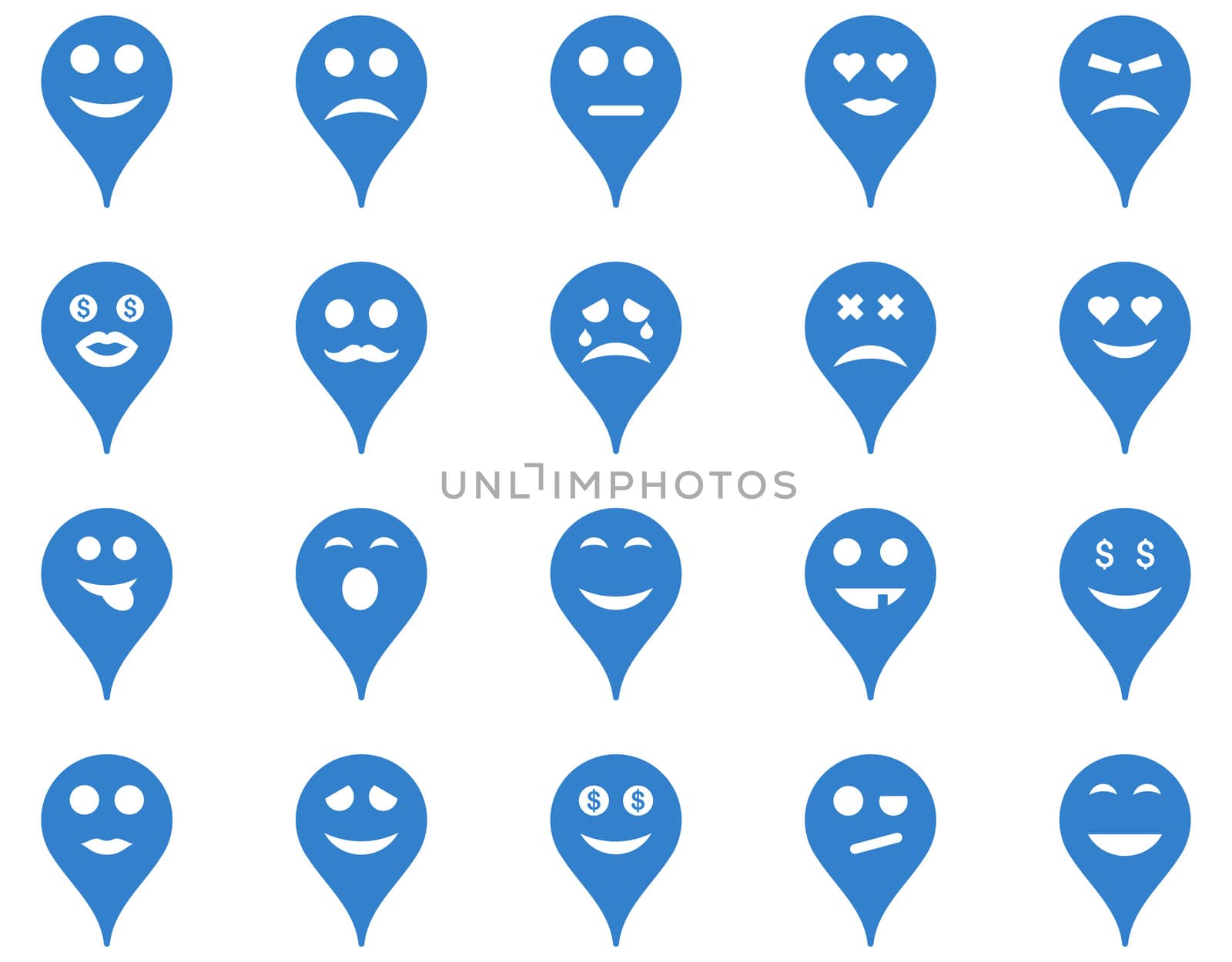 Emotion map marker icons. Glyph set style is flat images, cobalt symbols, isolated on a white background.