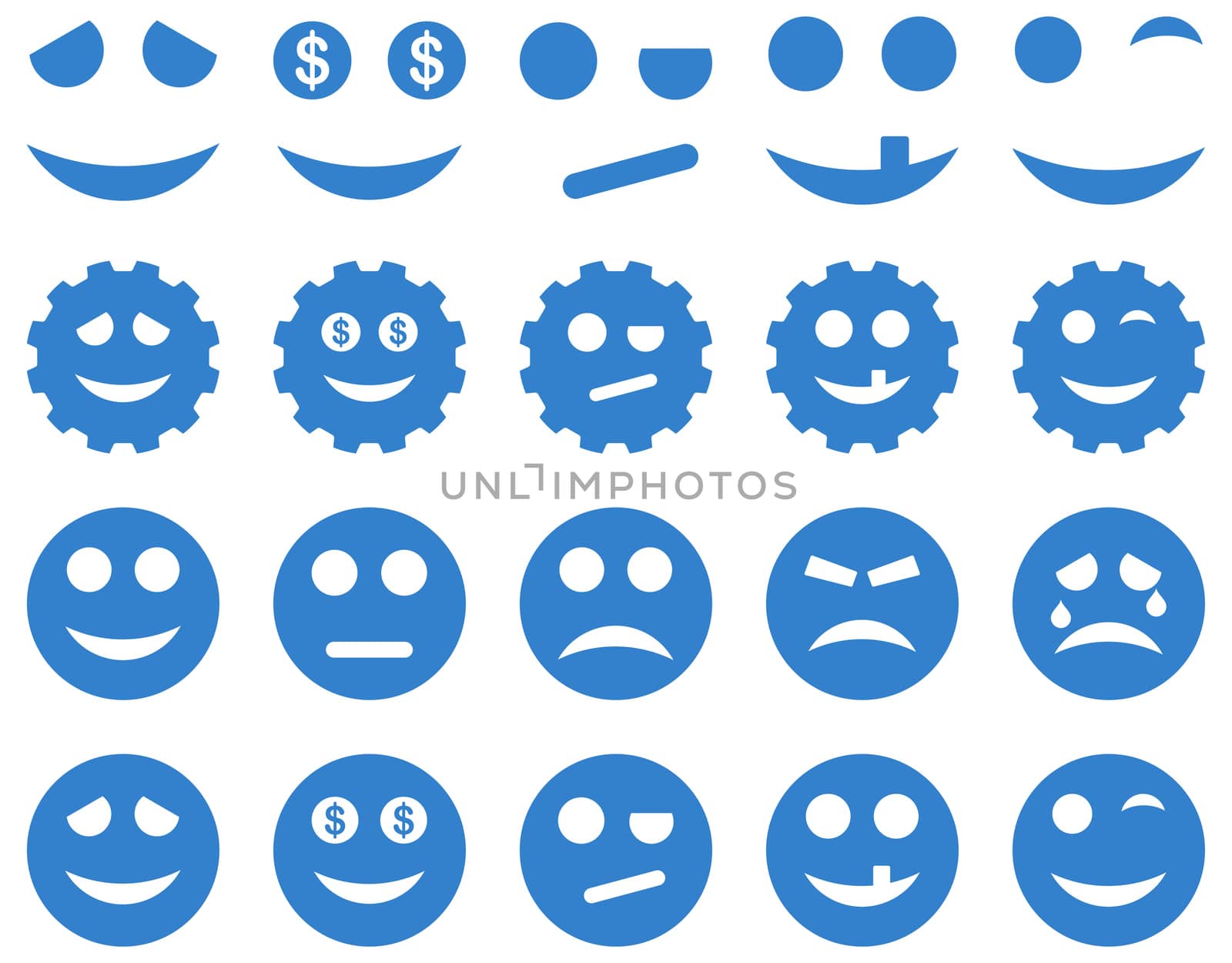 Tools, gears, smiles, emoticons icons. Glyph set style is flat images, cobalt symbols, isolated on a white background.