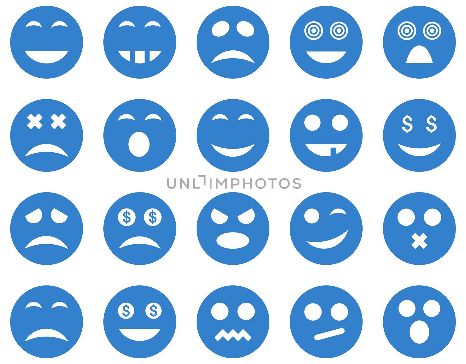 Smile and emotion icons. Glyph set style is flat images, cobalt symbols, isolated on a white background.