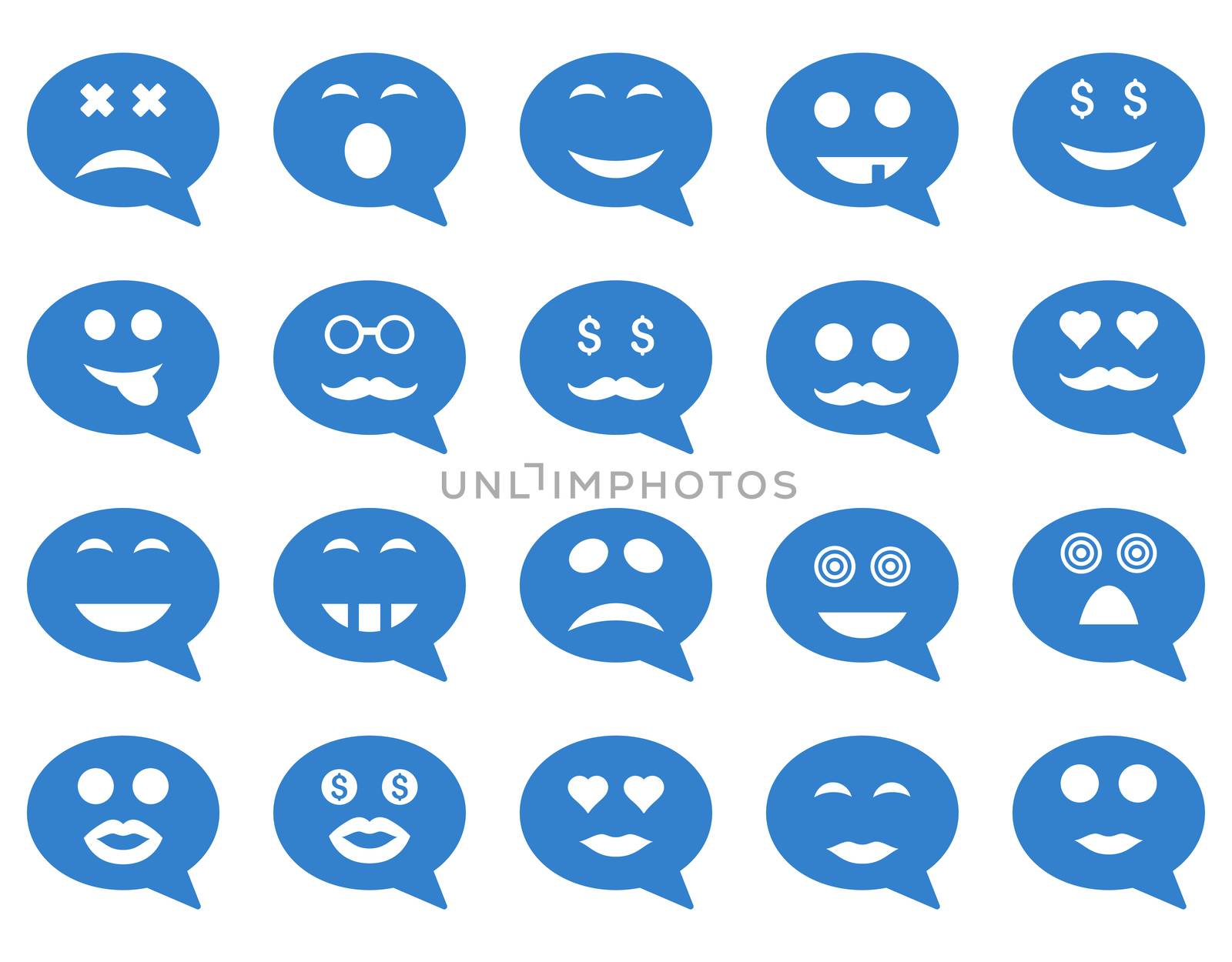 Chat emotion smile icons. Glyph set style is flat images, cobalt symbols, isolated on a white background.
