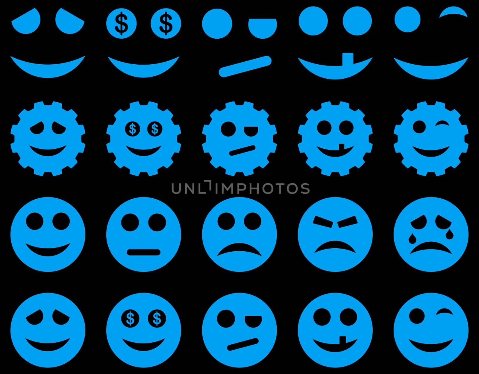 Tools, gears, smiles, emoticons icons. Glyph set style is flat images, blue symbols, isolated on a black background.