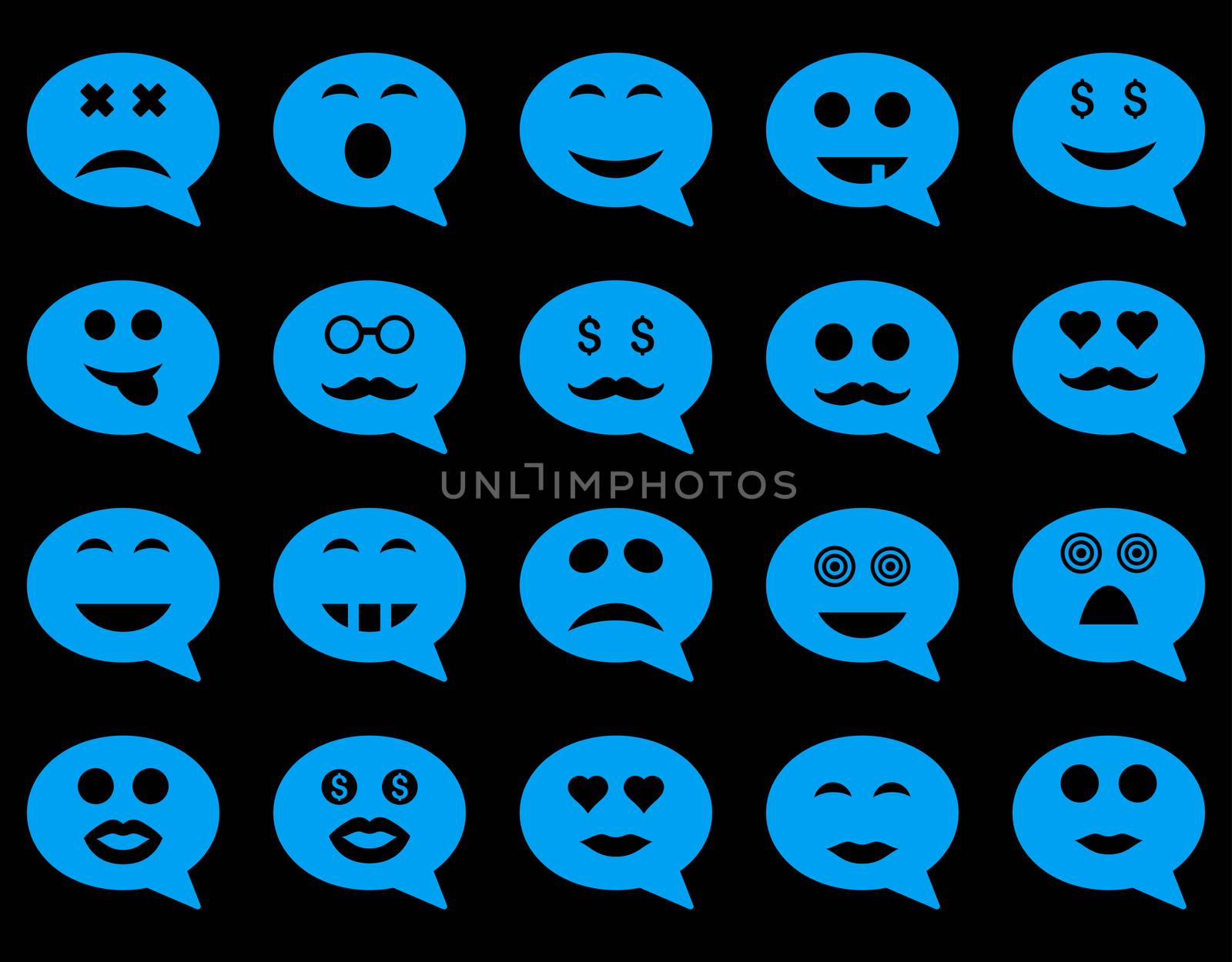 Chat emotion smile icons. Glyph set style is flat images, blue symbols, isolated on a black background.
