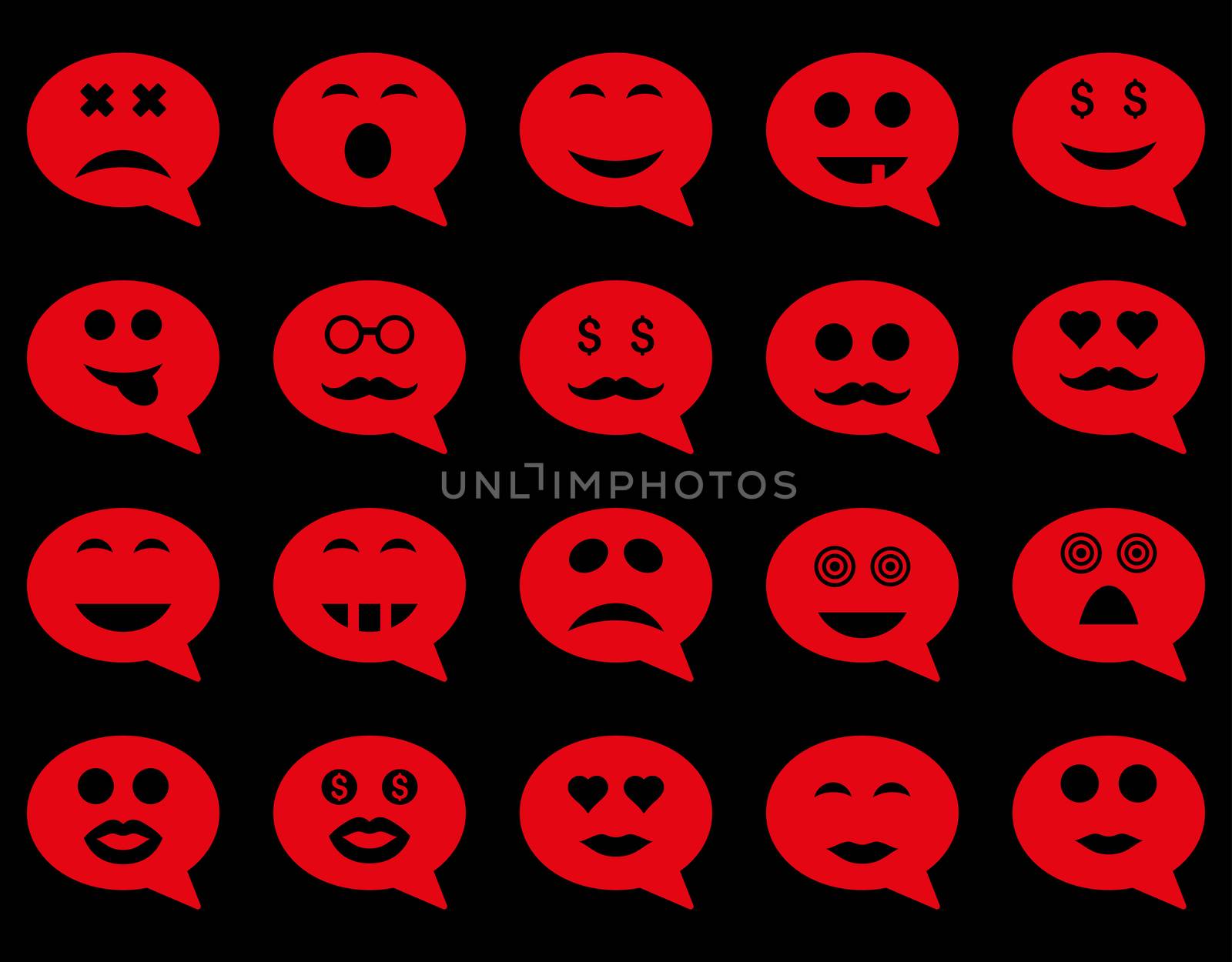 Chat emotion smile icons. Glyph set style is flat images, red symbols, isolated on a black background.
