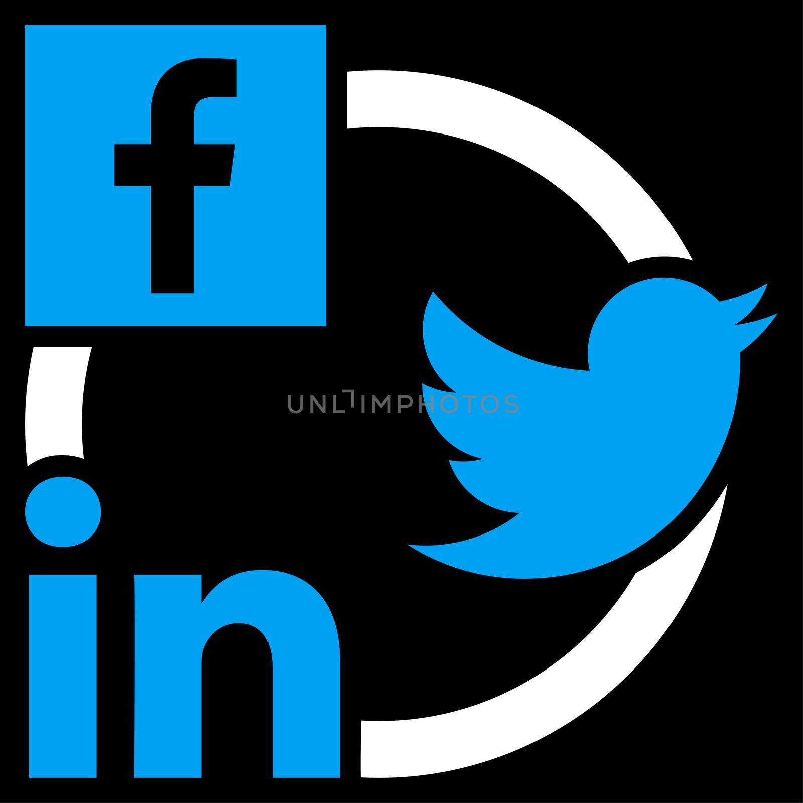 Social Networks Icon. This flat glyph symbol uses blue and white colors, and isolated on a black background.